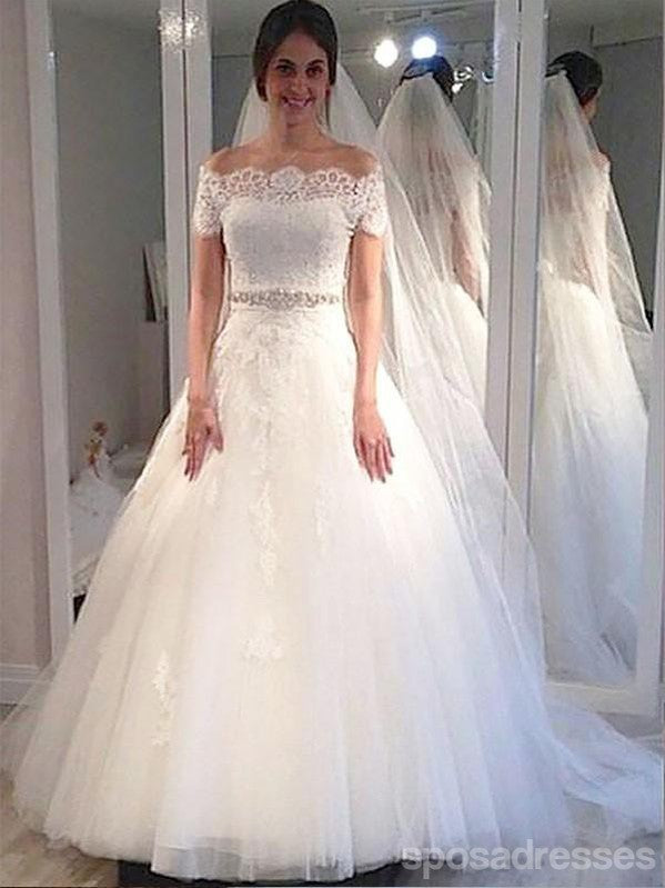 Elegant Off Shoulder Short Sleeve Lace Beaded A-Line Wedding Dress WD424 - Perfect for Beach Weddings, Vow Renewals & Romantic Photoshoots