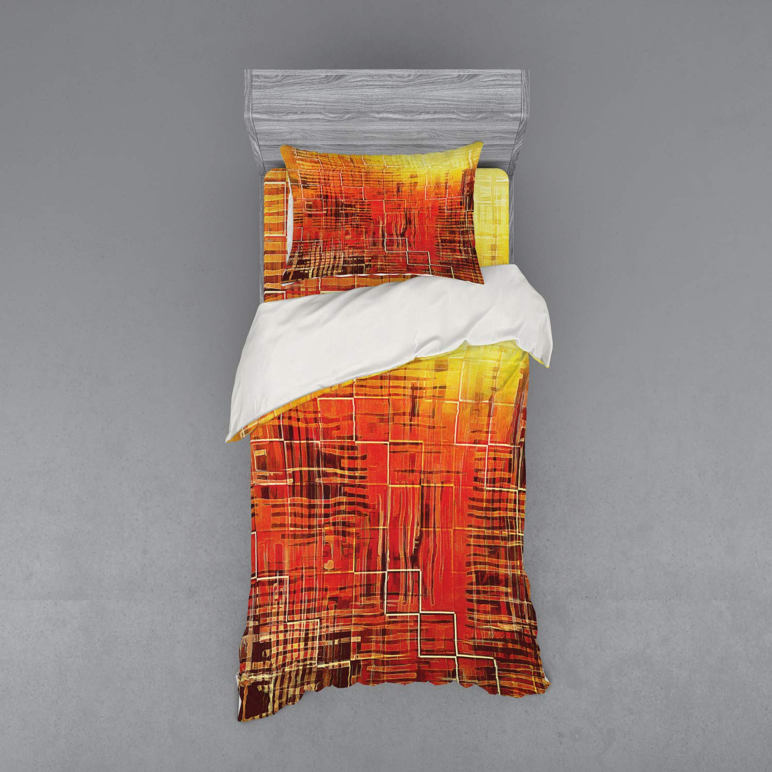 Ambesonne Burnt Orange Bedding Set - Modern Mosaic Art Duvet Cover with Geometric Patterns, 3-Piece Twin Size Set (Duvet Cover + Pillow Sham + Fitted Sheet) in Warm Autumn Colors - Perfect for Fall Decor & Cozy Bedroom Makeover