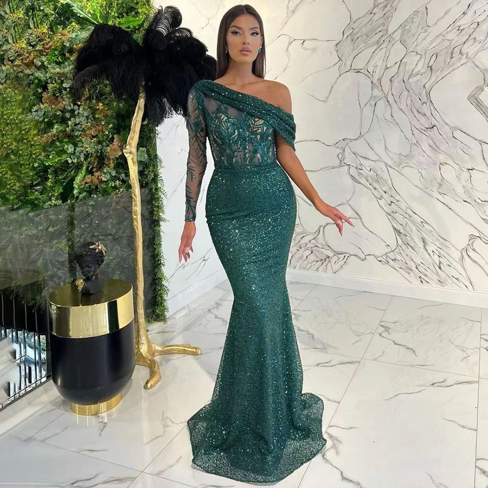 Elegant One Shoulder Mermaid Evening Dress with Pearl Beading - Green Prom Gown for Women 2025 | Perfect for Parties, Galas & Formal Events