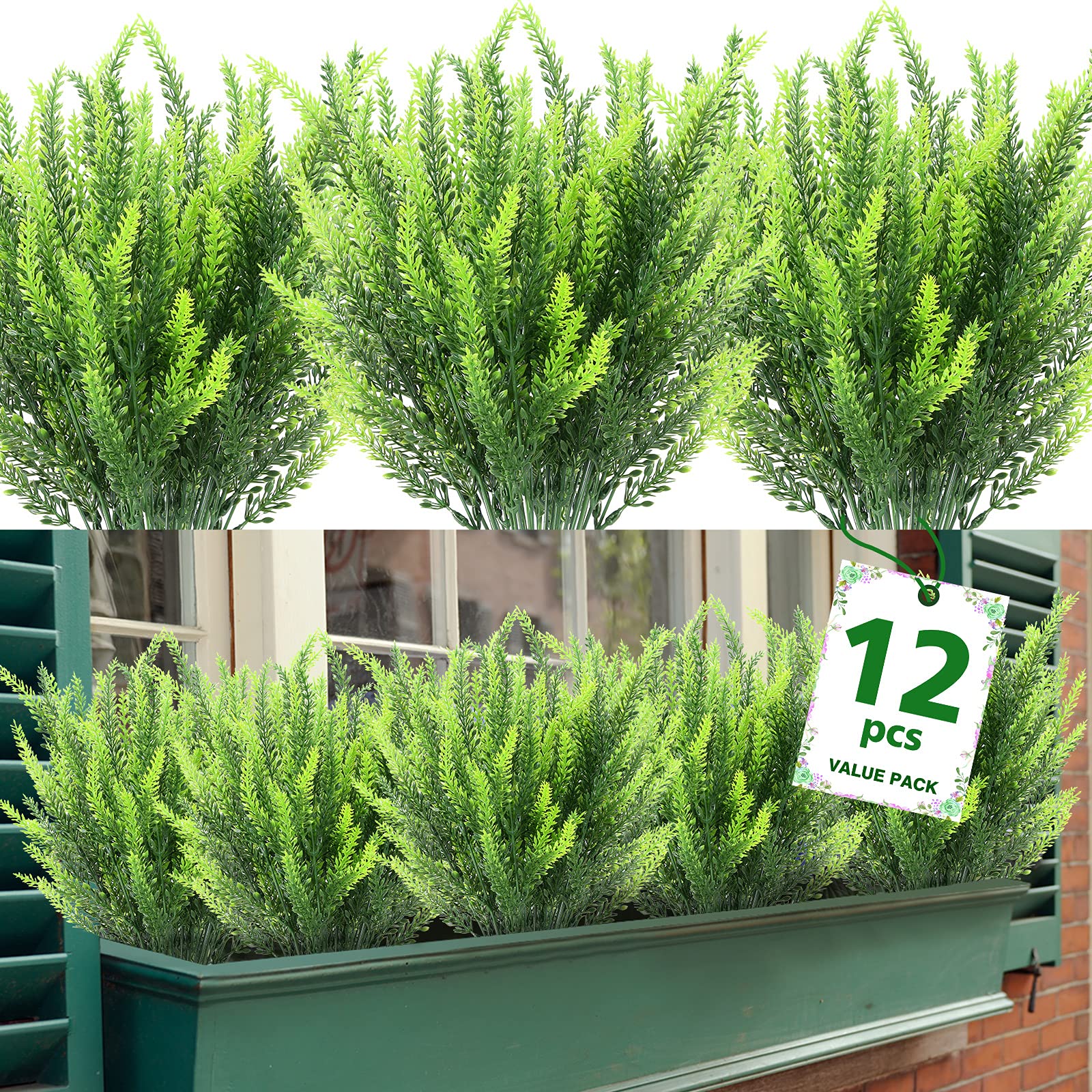 12 Bundles Artificial Lavender Flowers - UV Resistant Faux Plastic Plants for Outdoor Garden, Porch & Window Box Decor - No Fade Green Fake Flowers - Perfect for Home, Wedding & Party Decoration