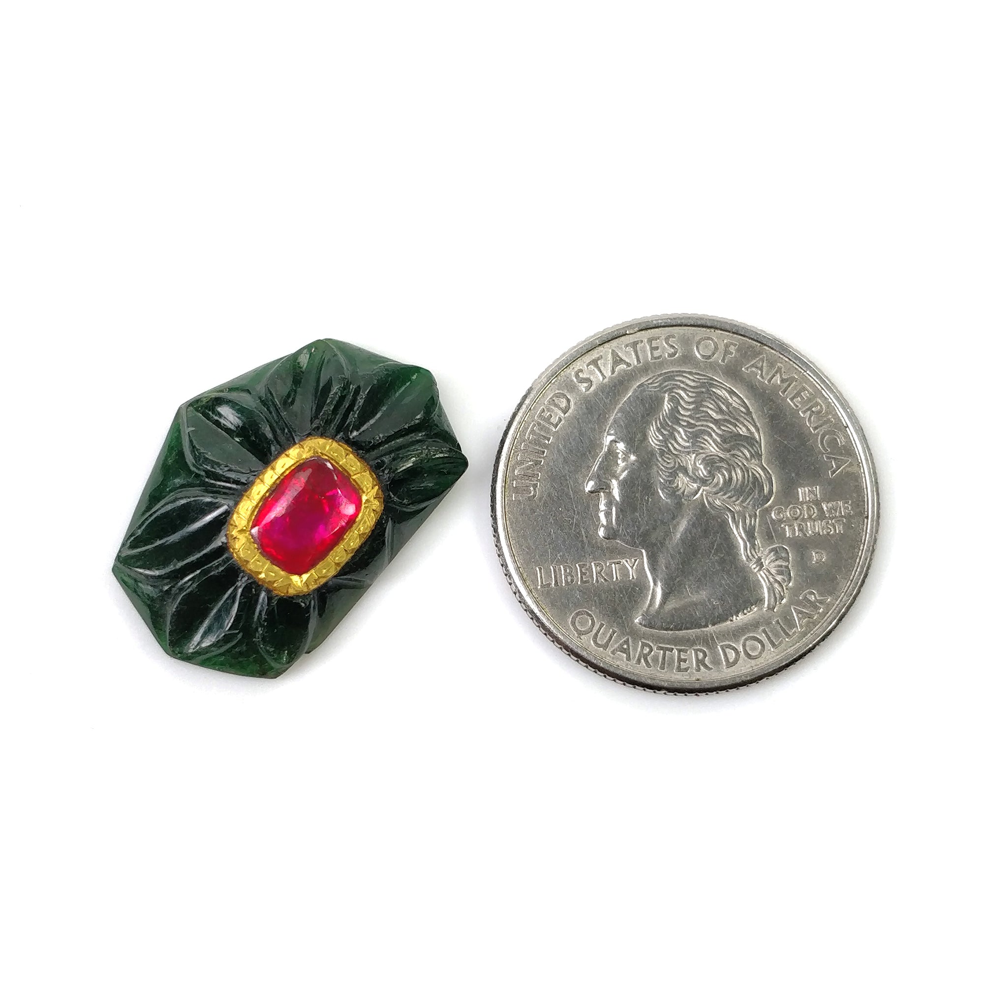 16.00cts Natural Untreated Emerald & Ruby Gemstone with 24K Gold - Hand Carved Uneven Shape 24x16mm Pendant for Jewelry Making, Gift Giving & Special Occasions
