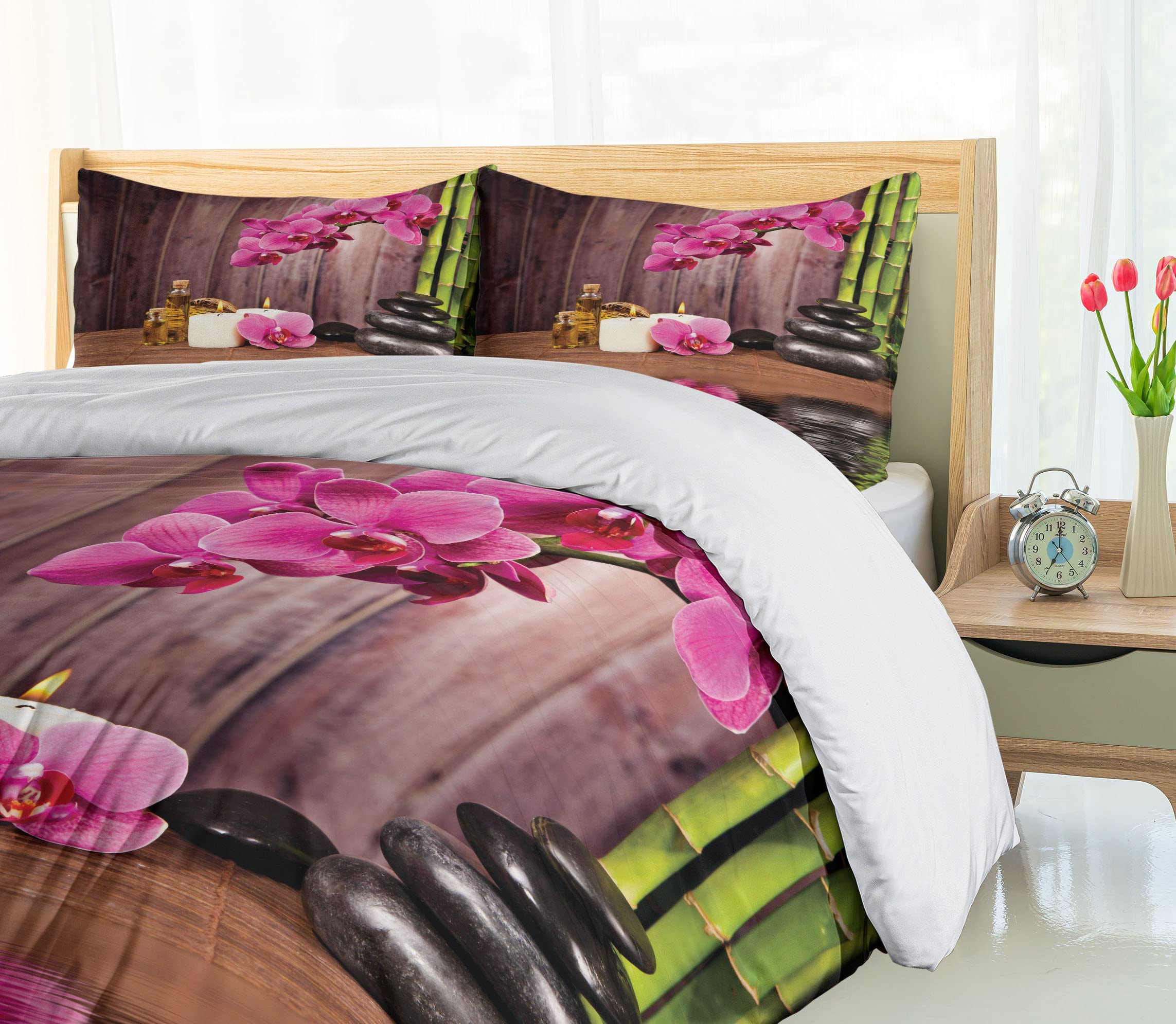 Ambesonne Orchid Duvet Cover Set - Modern Bohemian Style with Floral and Stone Print, 3-Piece Bedding Set Includes Duvet Cover & 2 Pillow Shams (California King, Umber Green Pink) - Perfect for Master Bedroom, Guest Room, and Boho Chic Home Decor