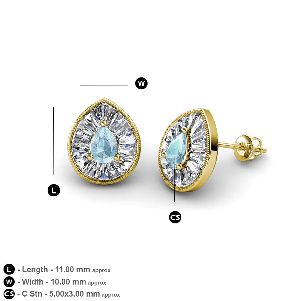 Pear Cut Aquamarine & Natural Diamond Halo Stud Earrings for Women - 1 1/8 ctw, 14K Gold Milgrain Detail - Perfect for Weddings, Anniversaries & Special Occasions