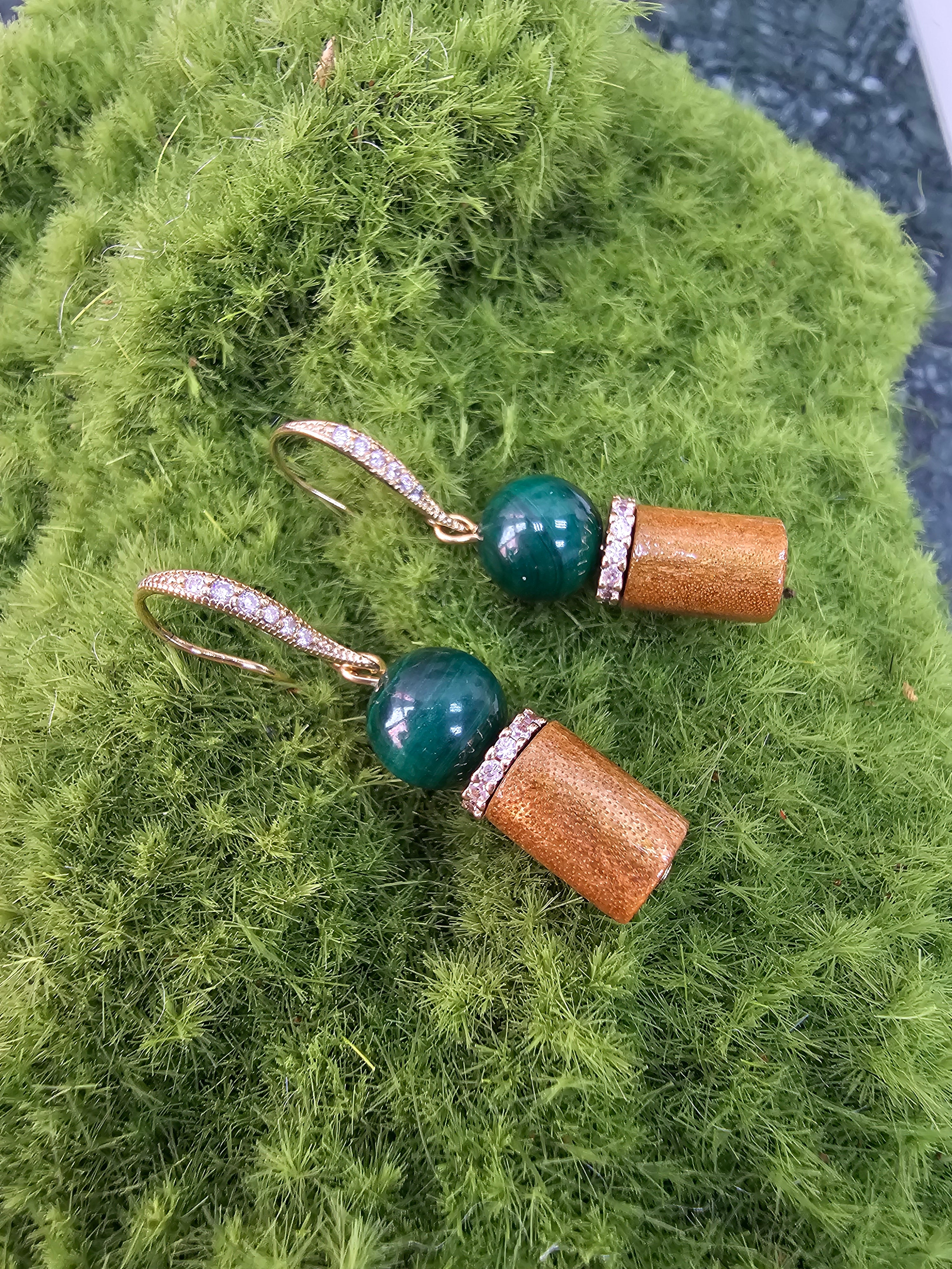 Golden Coral and Malachite Dangle Earrings NE033 - Elegant Handmade Jewelry for Women, Perfect for Parties, Weddings & Special Occasions