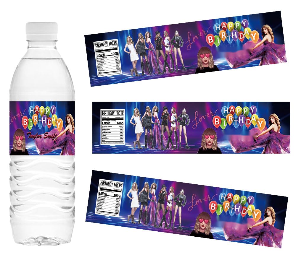 24-Pack Famous Singer Birthday Party Supplies - Swift Fan Water Bottle Labels, Party Decorations & Favors for Concerts, Themed Events & Celebrations