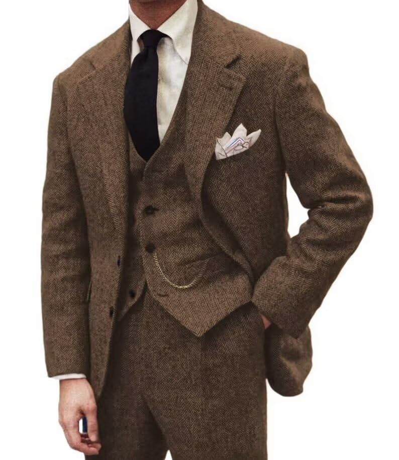 Men's Slim Fit Tweed Herringbone 3-Piece Suit Set - Wedding, Groomsmen, Prom Tuxedo with Jacket, Vest & Pants | Formal Occasions, Business Events & Special Celebrations