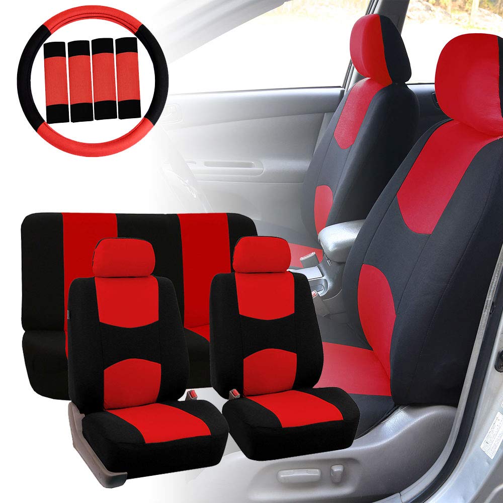 TLH Automotive Universal Fit Car Seat Covers Full Set with Steering Wheel Cover & Seat Belt Pads - Soft Flat Cloth Interior Accessories for Cars, Trucks, SUVs | Perfect for Road Trips, Daily Commute & Vehicle Protection