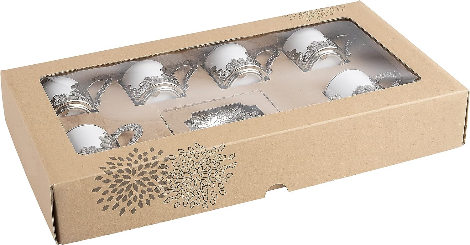 Authentic Handmade Turkish Coffee Cups Set of 6 - Porcelain Espresso Cups with Saucers, Traditional Arabic Greek Bosnian Coffee Set - Gold Nickel Trim, 2.36 oz - Perfect for Home Brewing, Gift Giving & Middle Eastern Coffee Ceremonies