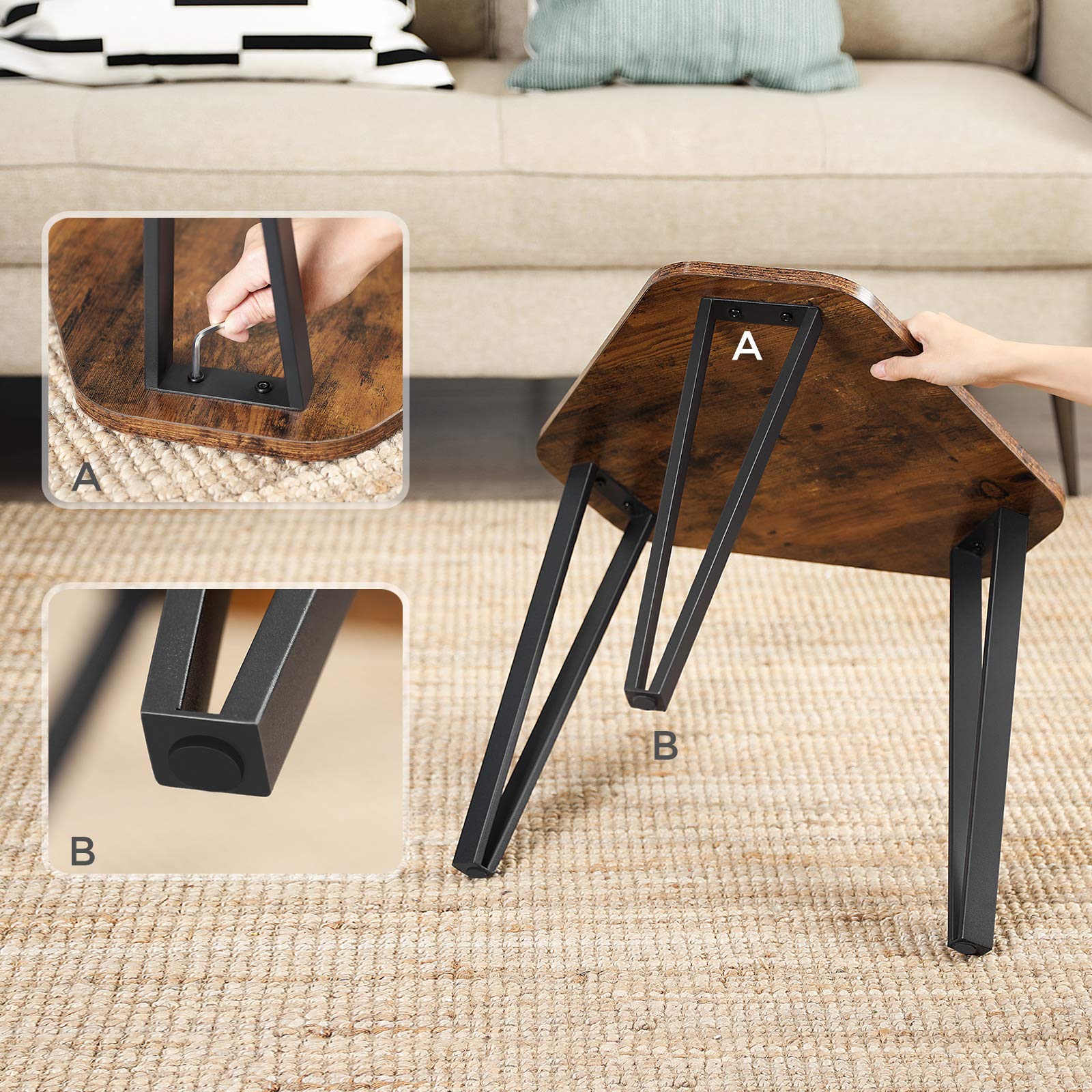VASAGLE 3-Piece Nesting Coffee Table Set, Industrial Style Stacking End Tables for Living Room - Sturdy Steel Frame, Easy Assembly, Rustic Brown & Black LNT14BX | Perfect for Small Spaces, Modern Home Decor & Coffee Table Organization