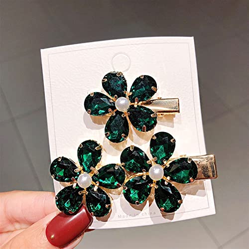 2PCS Shining Crystal Flower Alloy Hair Clips for Women - Elegant Claw Hairpins, Fashion Hair Accessories for Parties, Weddings & Daily Use (Green)
