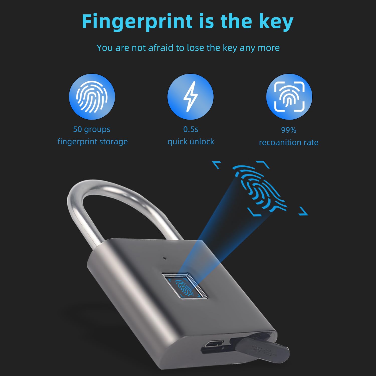 KENRONE Keyless Portable USB Charging Fingerprint Lock SL90 - Smart Digital Padlock for Doors, Lockers & Travel - Quick Unlock, Anti-Theft Security - USB Rechargeable Fingerprint Padlock (Black) - Perfect for Home, Office, Gym Lockers & Luggage Security