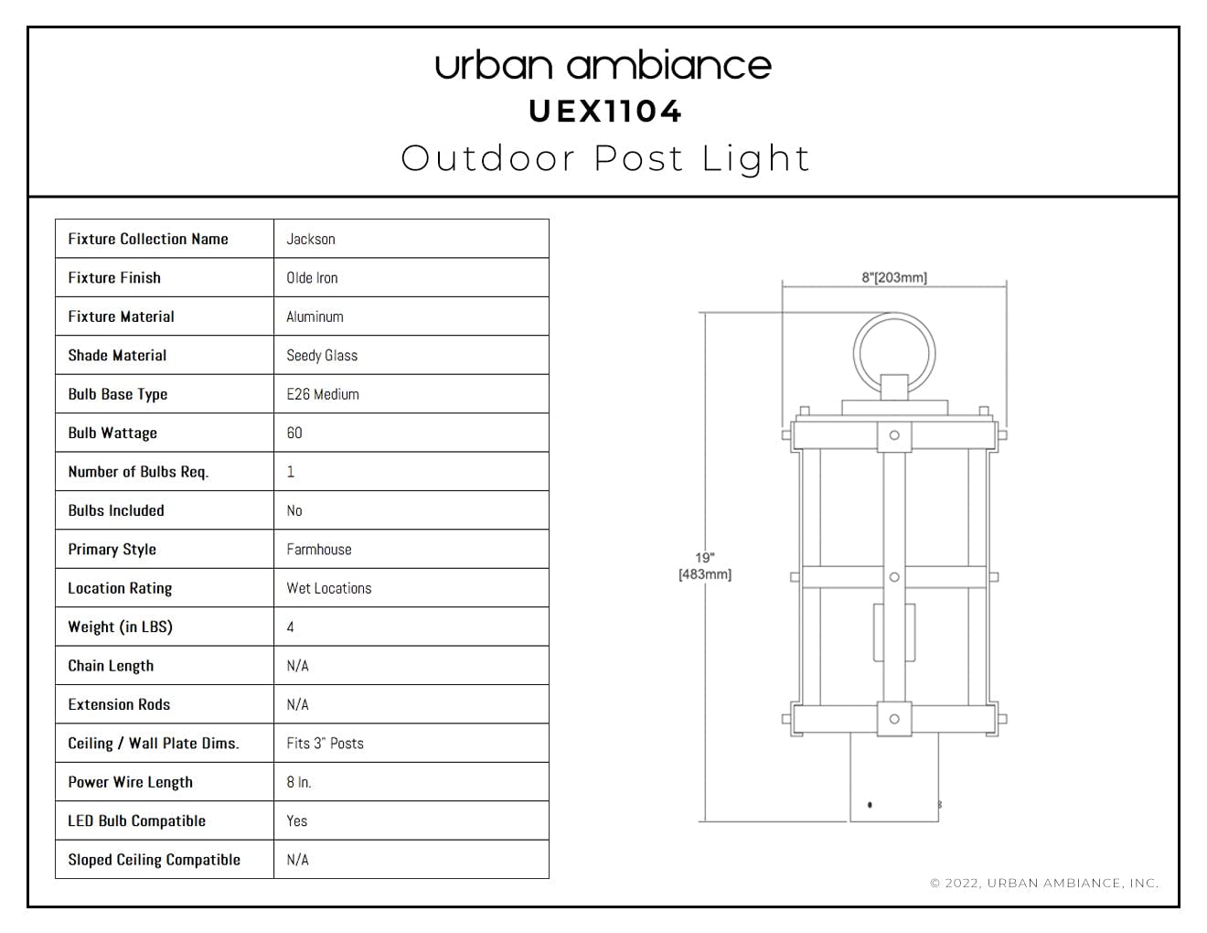 Luxury Farmhouse Post Light - 19''H x 8''W Western Style Outdoor Lighting with Olde Iron Finish | Perfect for Porch, Garden & Patio Decor | UEX1104 Jackson Collection