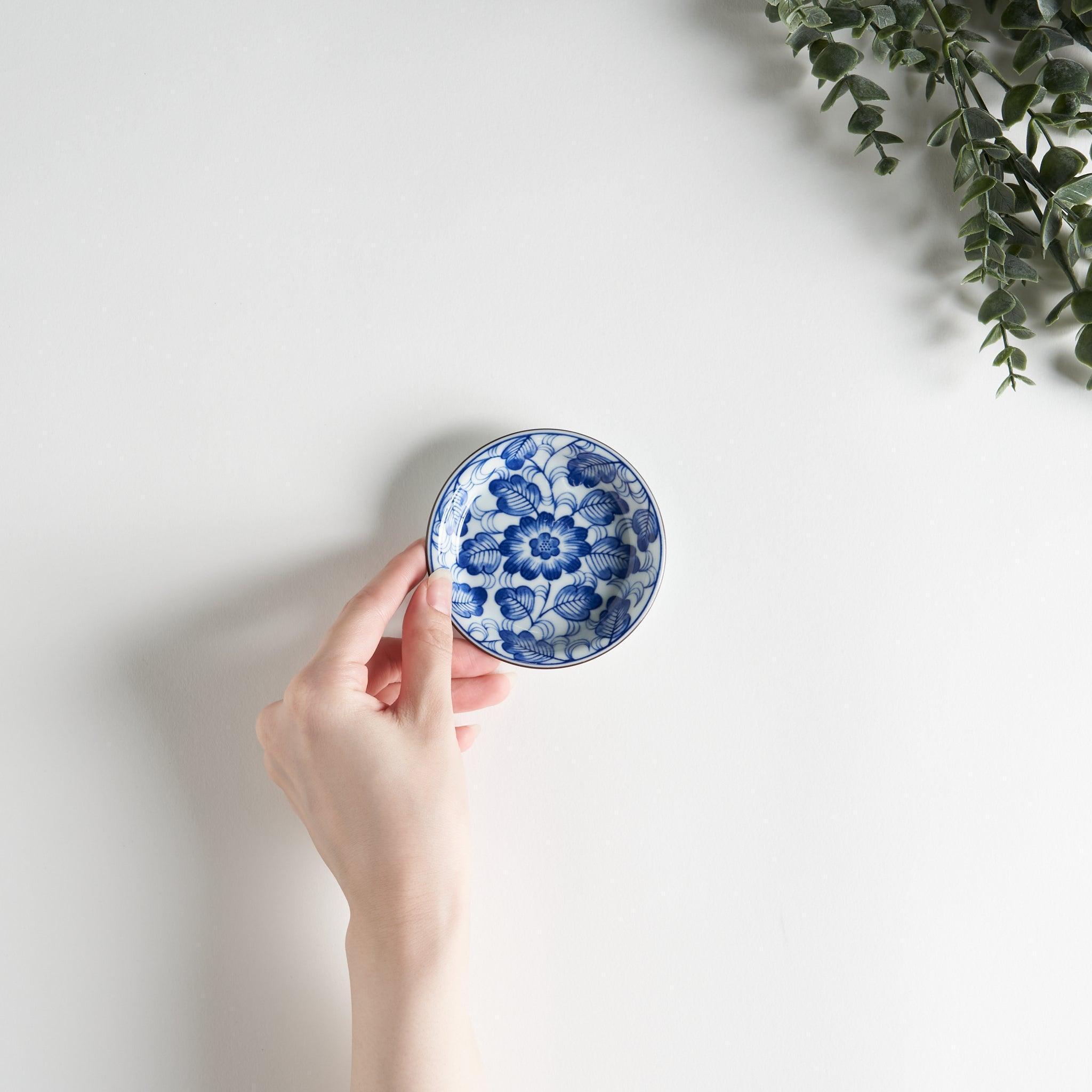 Blue Flower Arabesque Raised Rim Sauce Dish - Elegant Ceramic Appetizer Plate for Dips, Sauces and Desserts - Perfect for Dinner Parties, Entertaining and Home Decor