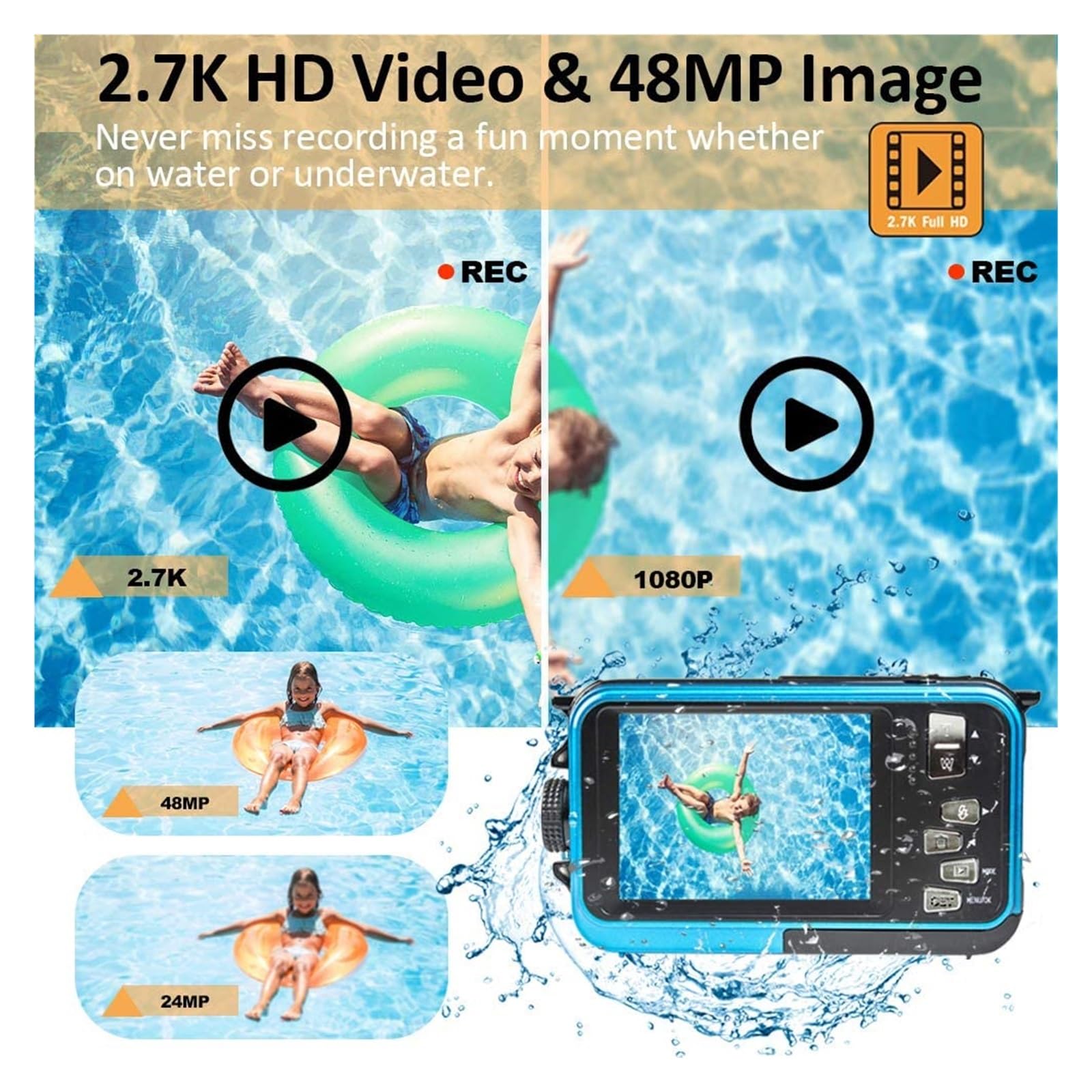NMBHUS 10FT Underwater Digital Camera - IP68 Waterproof 48MP 2.7K Dual Screen Action Cam with Self-Timer for Scuba Diving, Snorkeling & Summer Water Sports (Red, No TF Card Included)