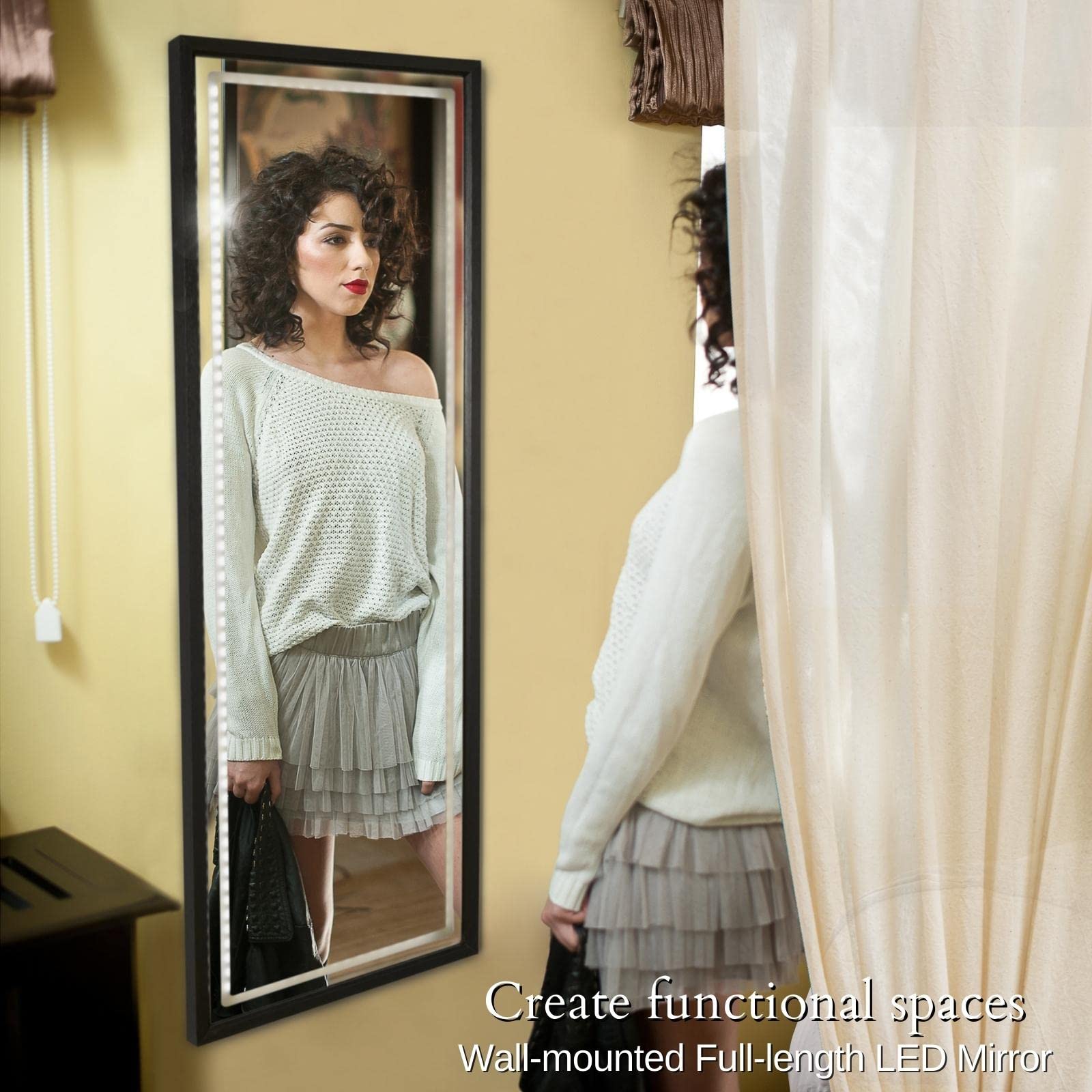 LUXFURNI Full Length LED Mirror with Lights - Adjustable Brightness Wall Mount & Over Door Hanging Mirror for Bedroom, Dressing Room, Vanity - Perfect for Makeup, Outfit Checks & Home Decor