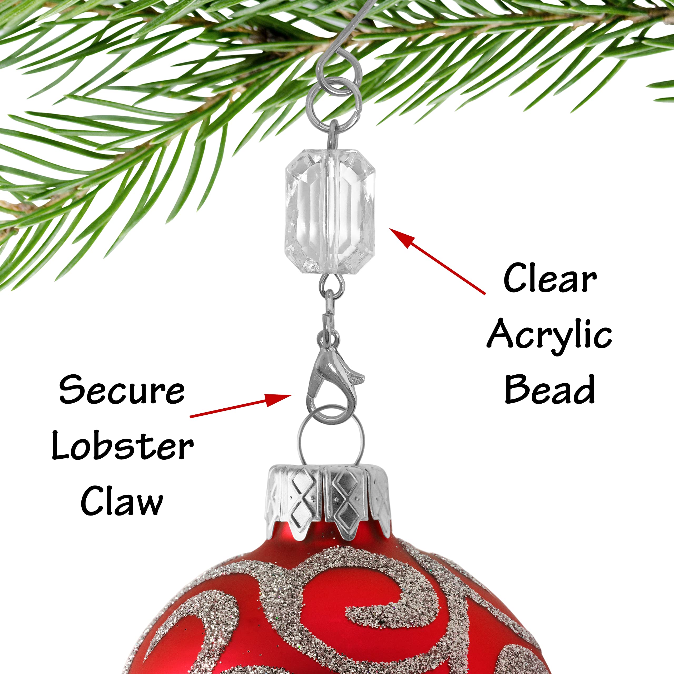 Clear Acrylic Silver Wire Christmas Ornament Hooks - Pack of 20 - Perfect for Hanging Tree Decorations, DIY Crafts & Holiday Home Decor
