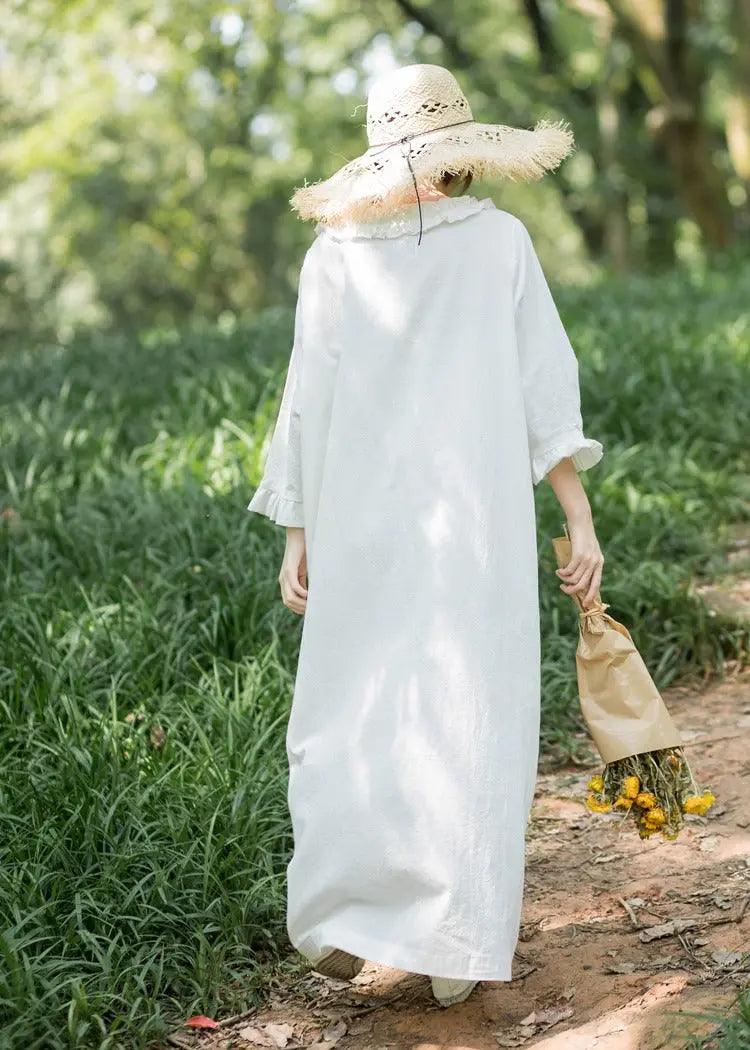Elegant White Linen V-Neck Princess Dress for Women | Summer Beach Wedding Guest Dress | Perfect for Garden Parties & Date Nights
