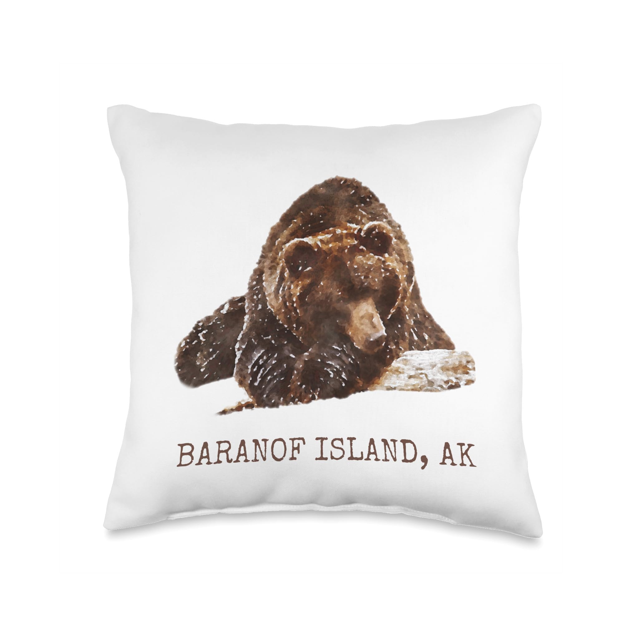 Baranof Island Alaska Wild Grizzly Bear & Forest Throw Pillow - 16x16 Inch Multicolor Brown Bear in Snow Design - Perfect for Home Decor, Living Room, Bedroom, and Cabin Style