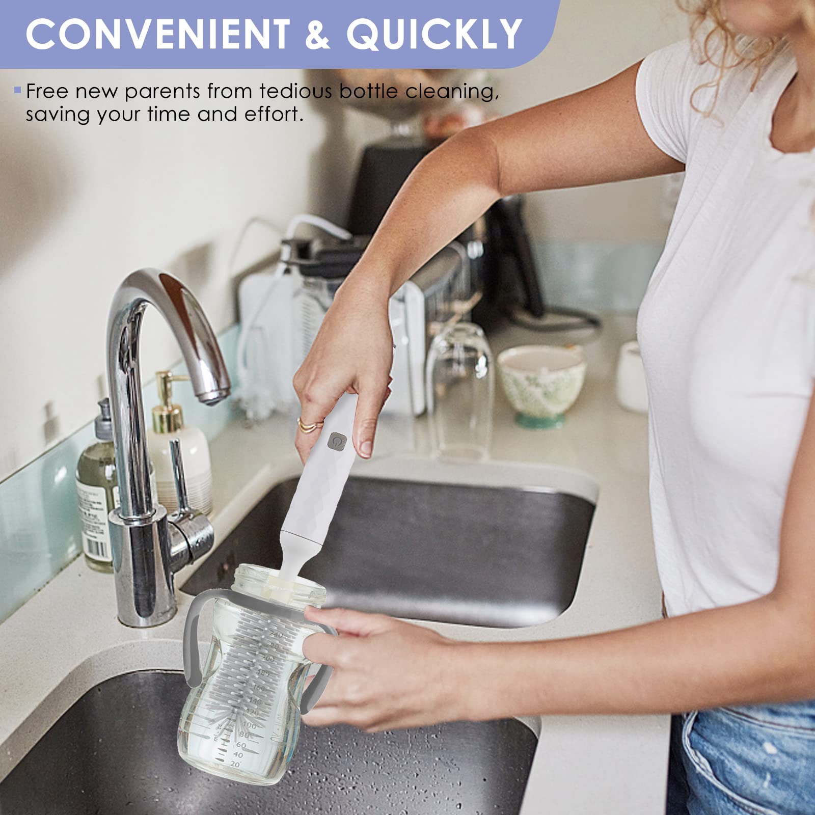 Electric Bottle Brush Cleaner with Silicone Brush Head - Rechargeable & Waterproof for Baby Bottles, Nipples, Straws - Wall Mountable - White - Perfect for Cleaning Hard-to-Reach Spots in Bottles, Cups, and Kitchenware