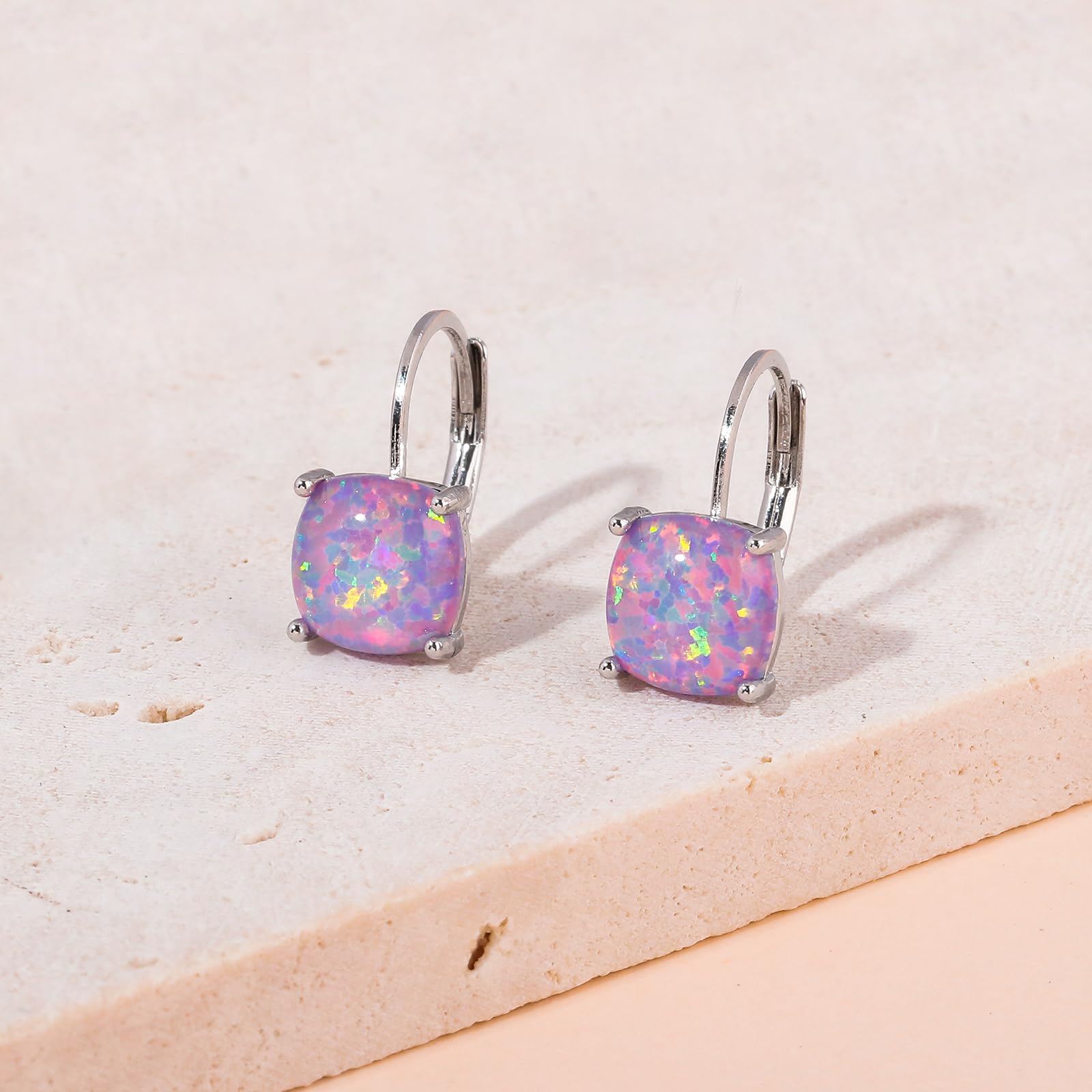 Hypoallergenic 14K Gold Plated Square Opal Leverback Dangle Earrings for Women & Girls - Sensitive Ear Friendly Fashion Jewelry | Perfect for Parties, Weddings & Everyday Wear