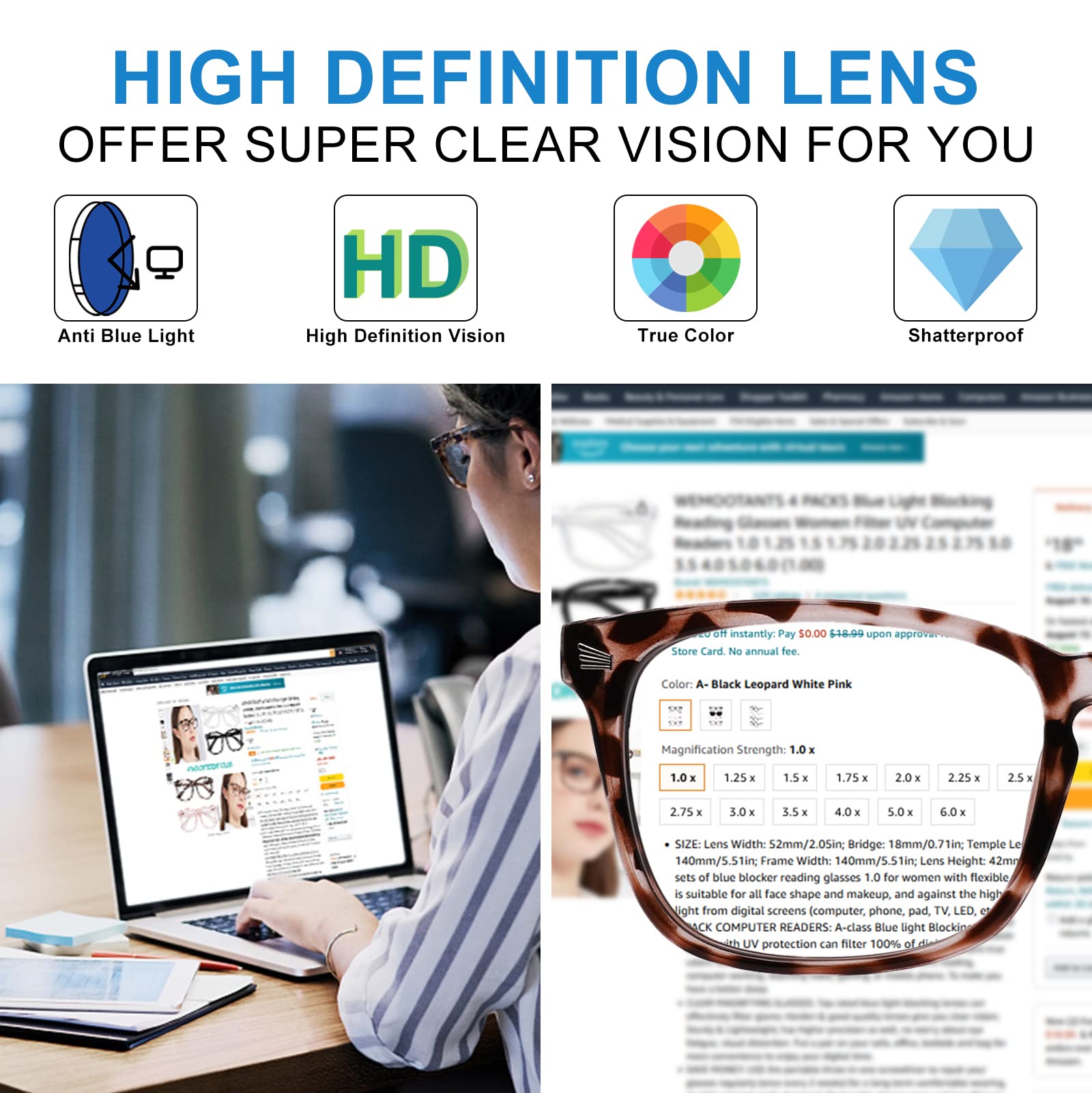 4-Pack Multicolor Blue Light Blocking Reading Glasses for Women - 1.0 to 6.0 Magnification (Includes 1.75 Strength) - Perfect for Computer Work, Reading & Screen Time