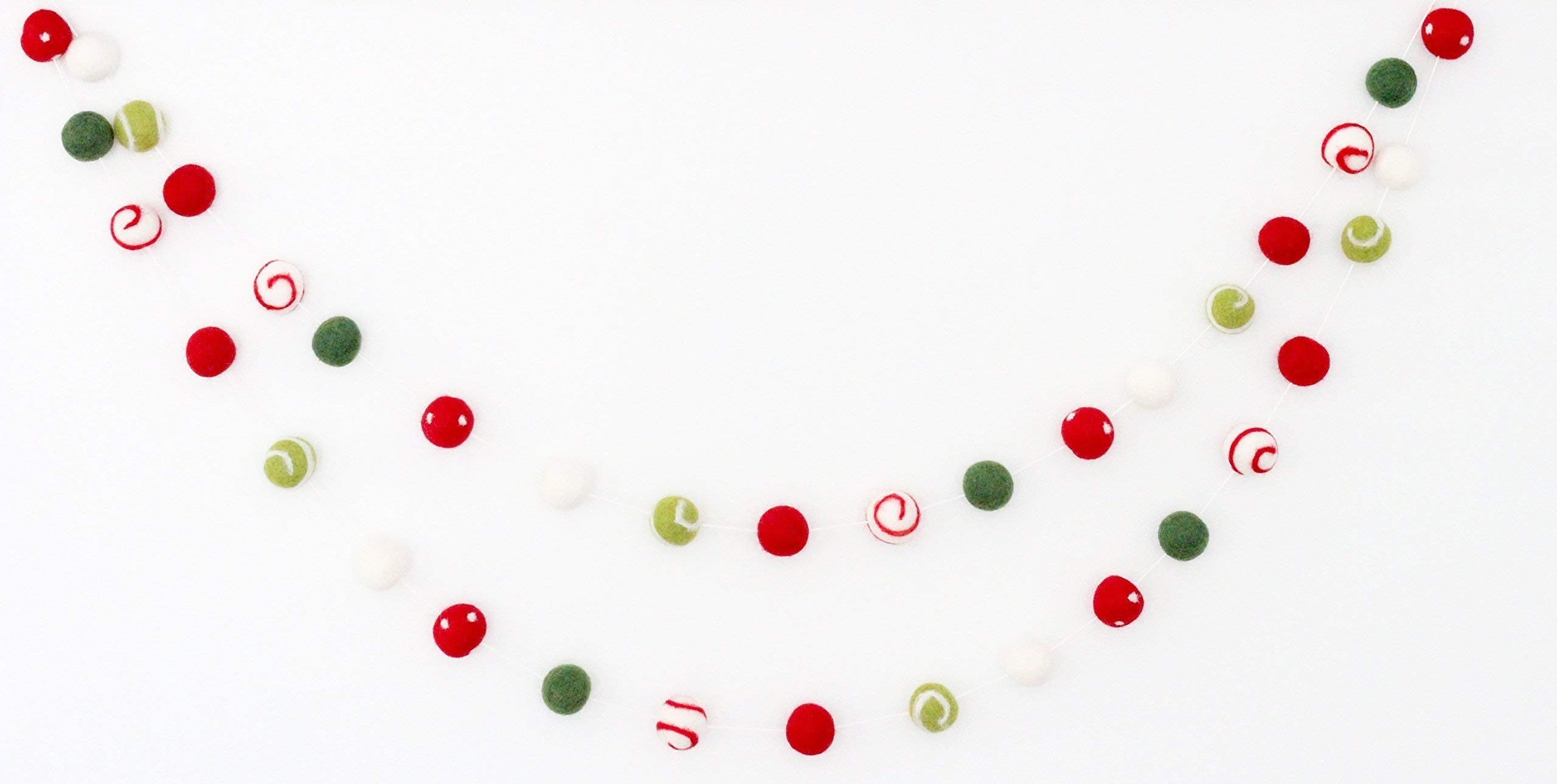 Christmas Felt Ball Garland - 9ft Holiday Decoration with Red, Green & White Swirl Dots - 2.5cm Wool Felt Balls for Tree, Mantel & Party Decor | Sheep Farm Felt