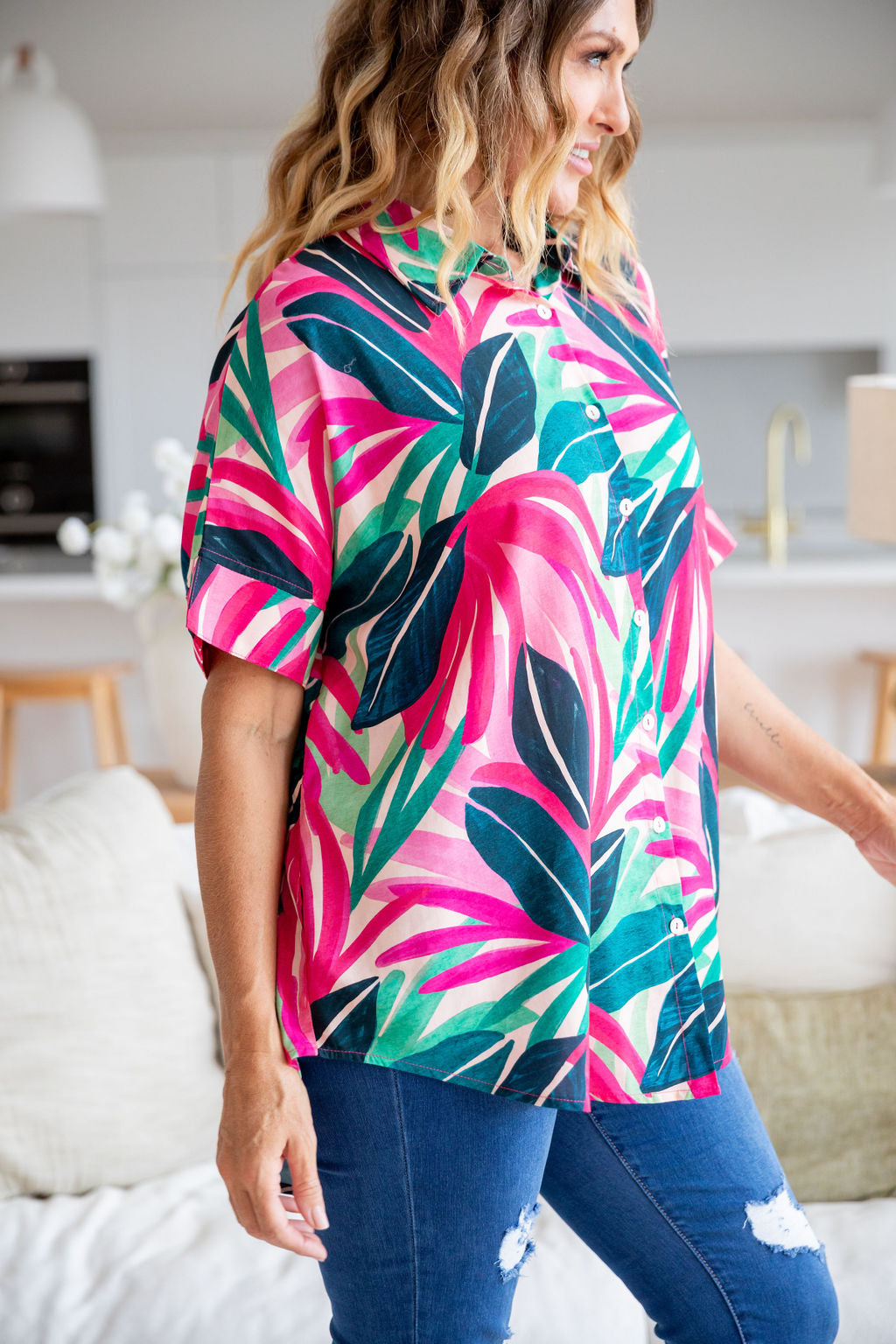 Tammin Shirt in Jungle Pink - Women's Casual Blouse for Summer & Spring | Perfect for Office, Date Night & Outdoor Activities