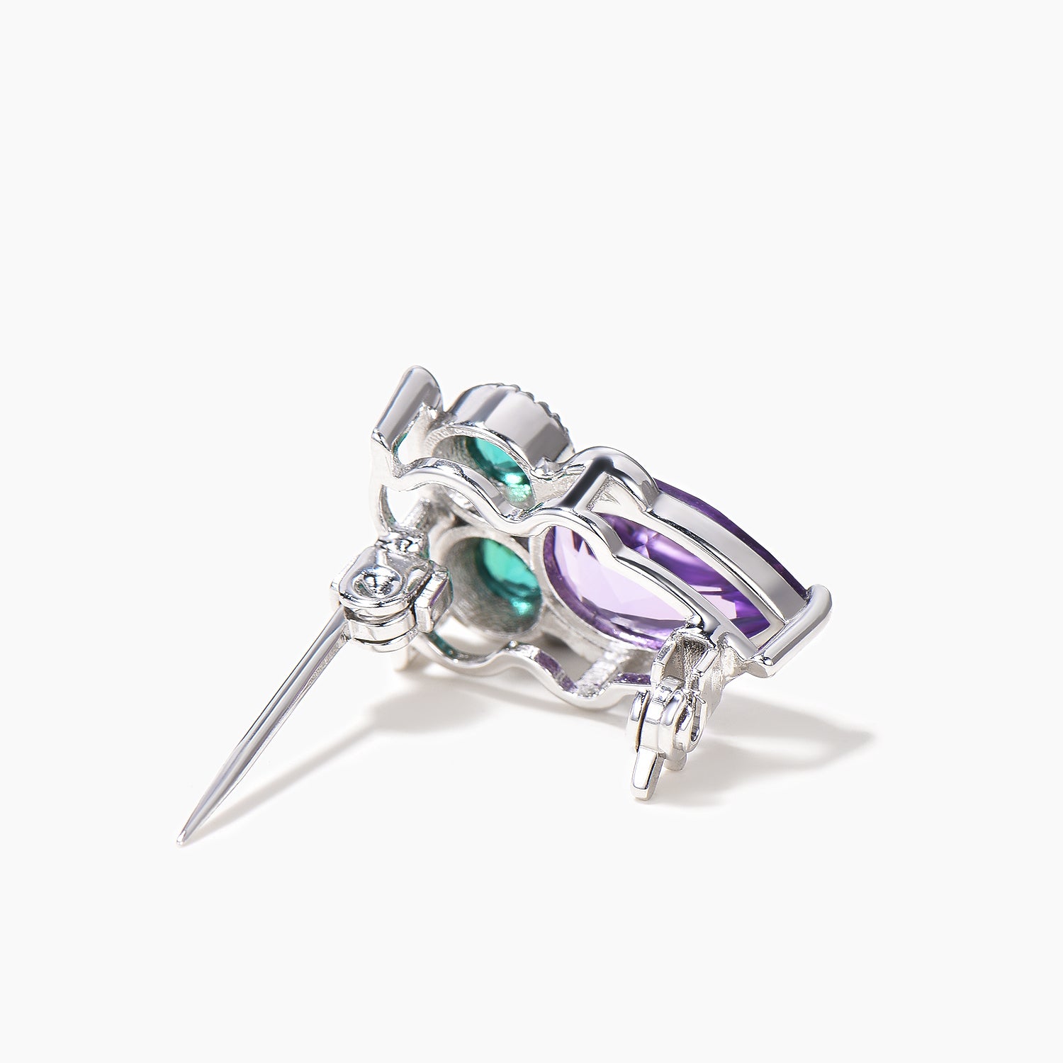 Natural Amethyst Teardrop Cut Round Emerald Owl Brooch in White Gold - Elegant Jewelry Gift for Women, Perfect for Weddings & Special Occasions