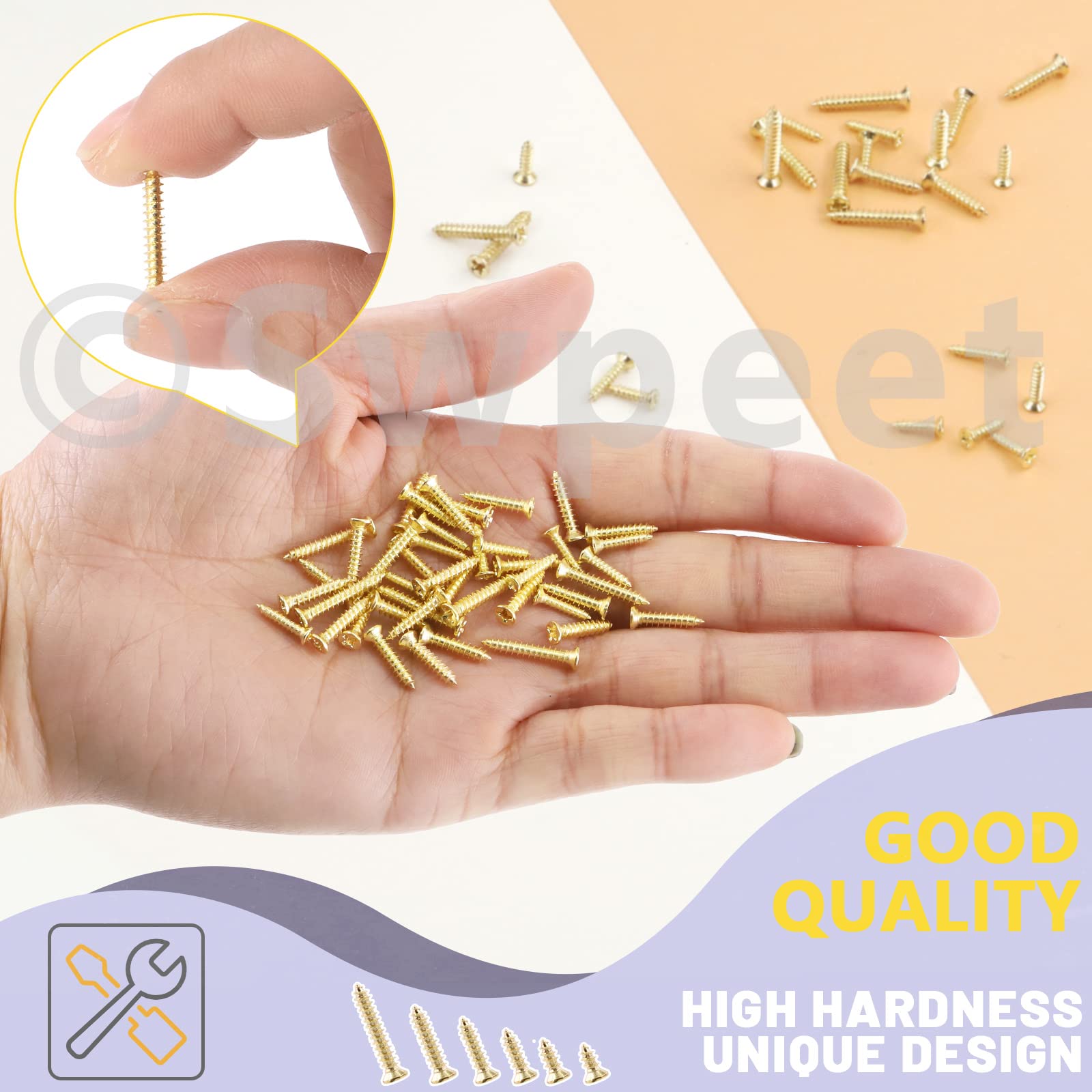 Swpeet 1295-Piece Small Wood Screws Assortment Kit - 5mm, 6mm, 8mm, 10mm, 12mm, 16mm Self Drilling Flat Head Phillips Screws - Gold Self Tapping Metal Screws for Furniture, Cabinets & DIY Projects