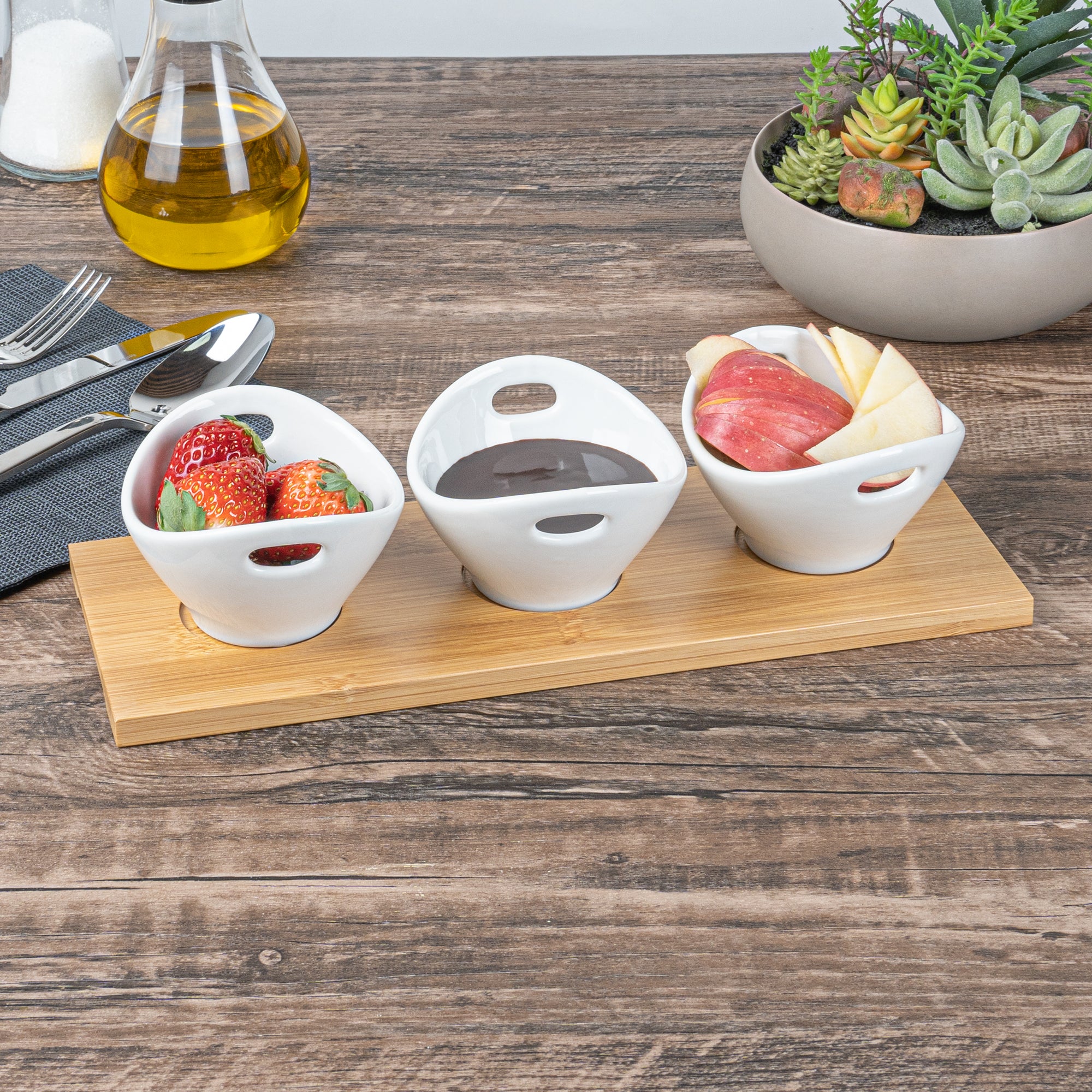 6 oz White Porcelain Rectangular Basket Bowls Set of 3 with Bamboo Tray - 11.75