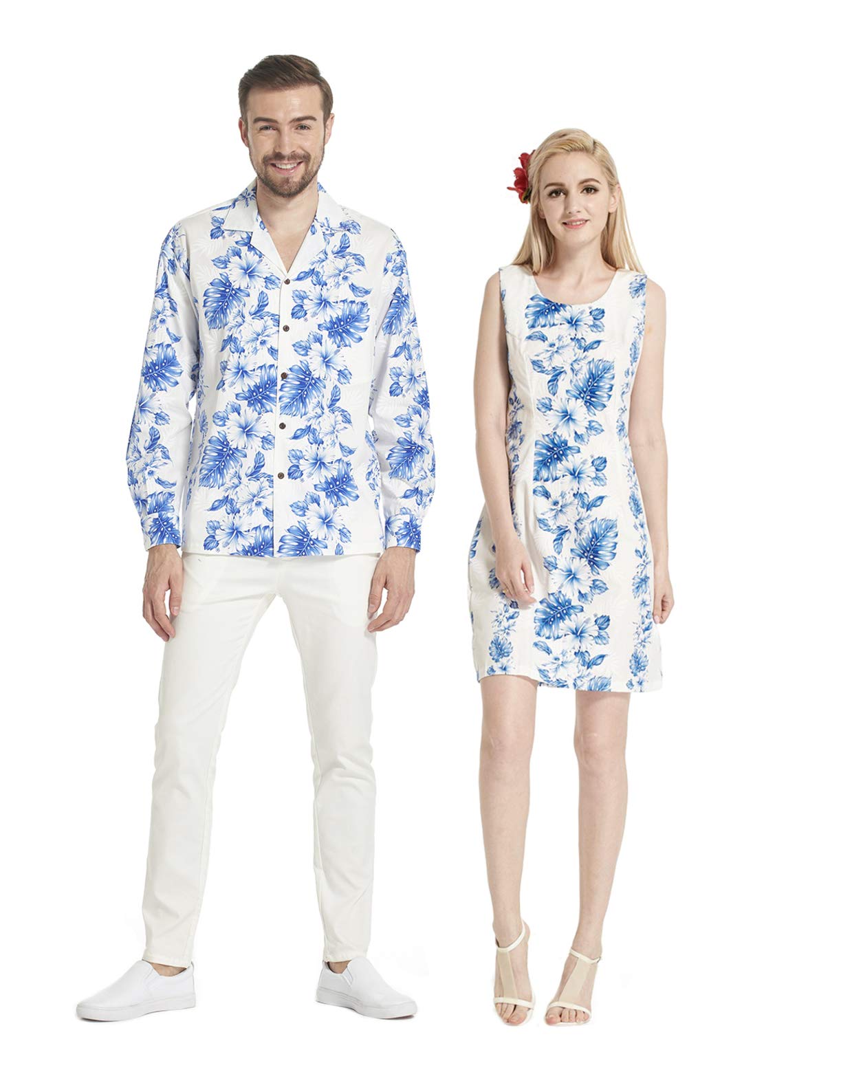 Hawaii Made Matching Couple Luau Aloha Shirt & Tank Dress Set - Blue Hibiscus Print on White - Perfect for Beach Parties, Luaus & Tropical Vacations