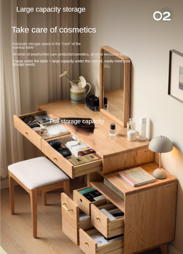 Solid Oak Wood Extendable Vanity Dressing Table with Mirror - Perfect for Bedroom Makeup & Jewelry Storage