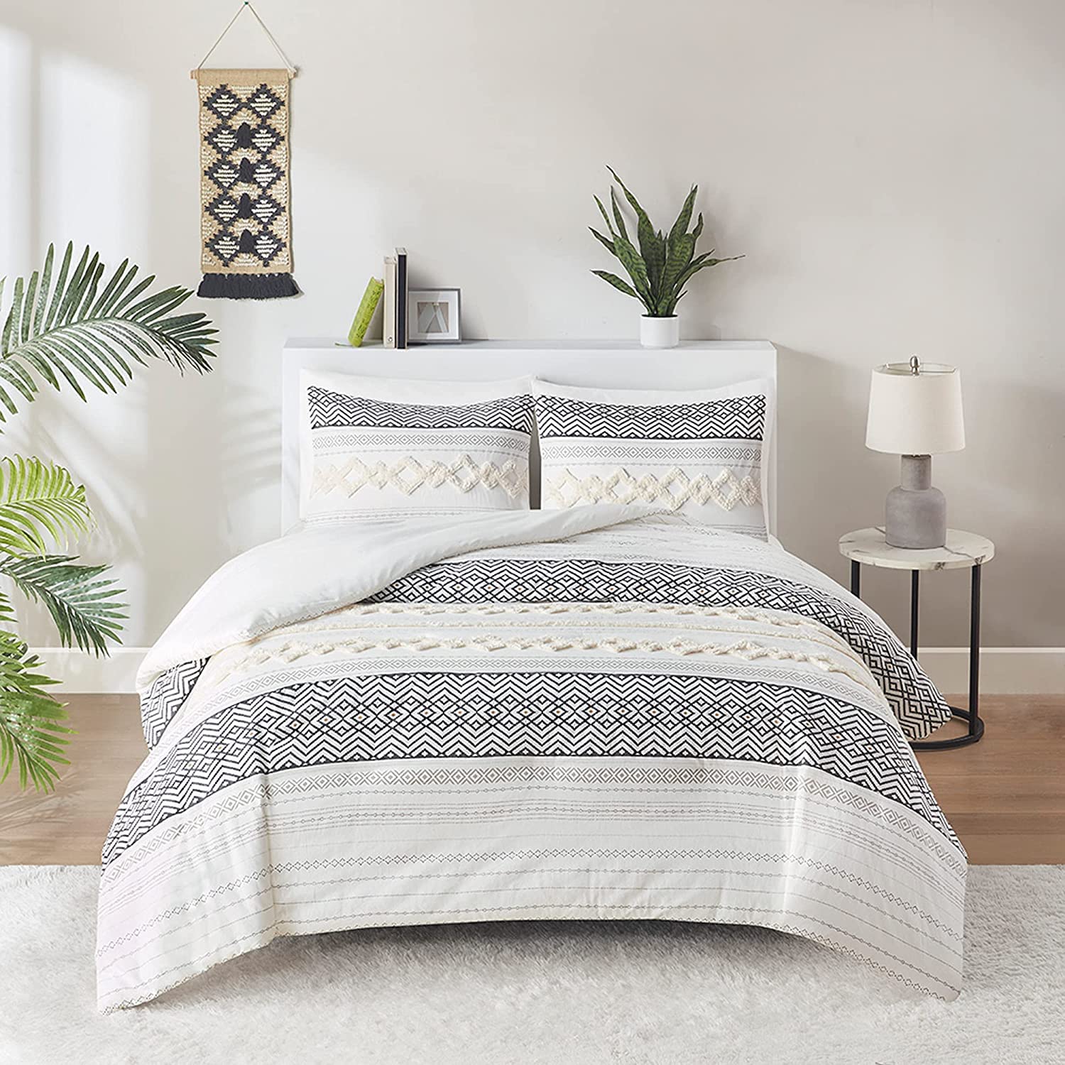 Hyde Lane Farmhouse King Size Comforter Set - Ivory Boho Bedding, 100% Cotton Top with Modern Neutral Jacquard Stripes, 3-Piece Includes Pillow Shams (104x90 Inches) | Cozy Farmhouse Bedroom Decor for Master Bedroom & Guest Room