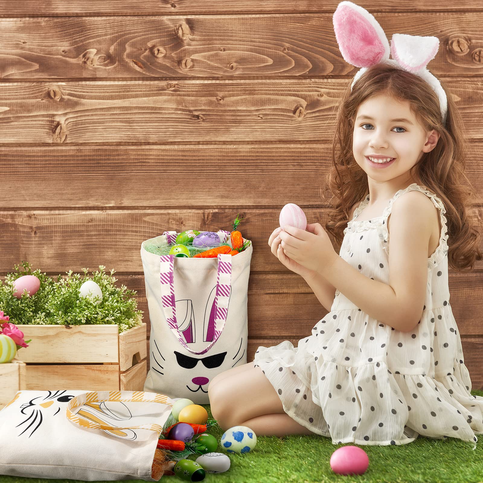 WeeWooday 2-Pack Easter Tote Bags for Kids - Bunny Ears Canvas Easter Basket Bags for Boys & Girls - Perfect for Easter Egg Hunts, Church Events & Spring Celebrations