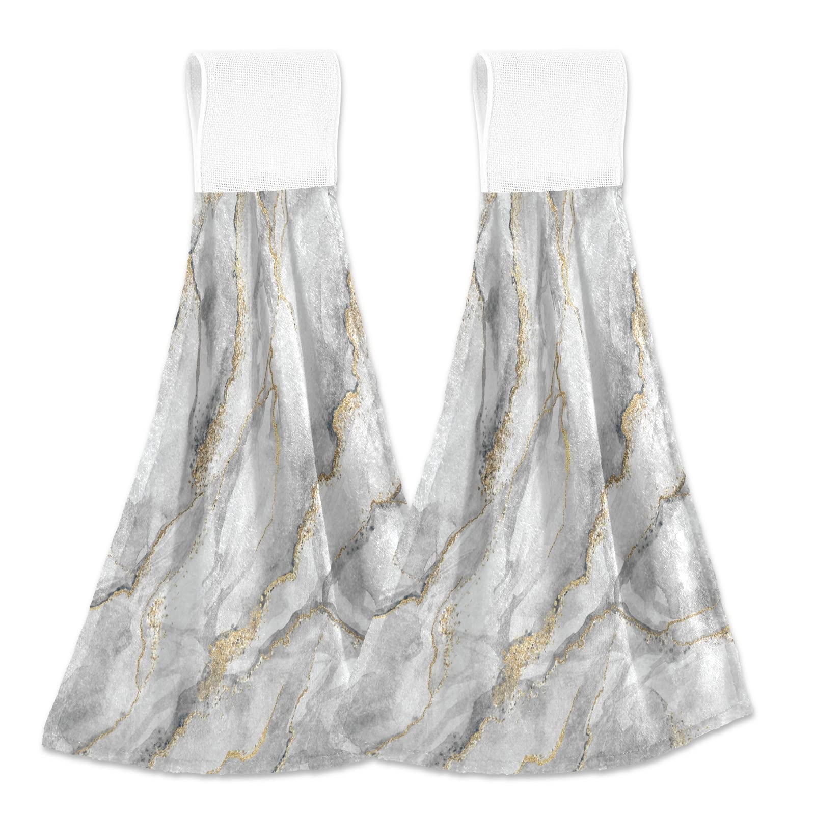 2-Pack Absorbent Grey Marble Hanging Hand Towels with Loops - Soft Kitchen & Bathroom Towels for Drying Hands, Dishes | Perfect for Guest Bathrooms, Kitchen Sinks, and Powder Rooms