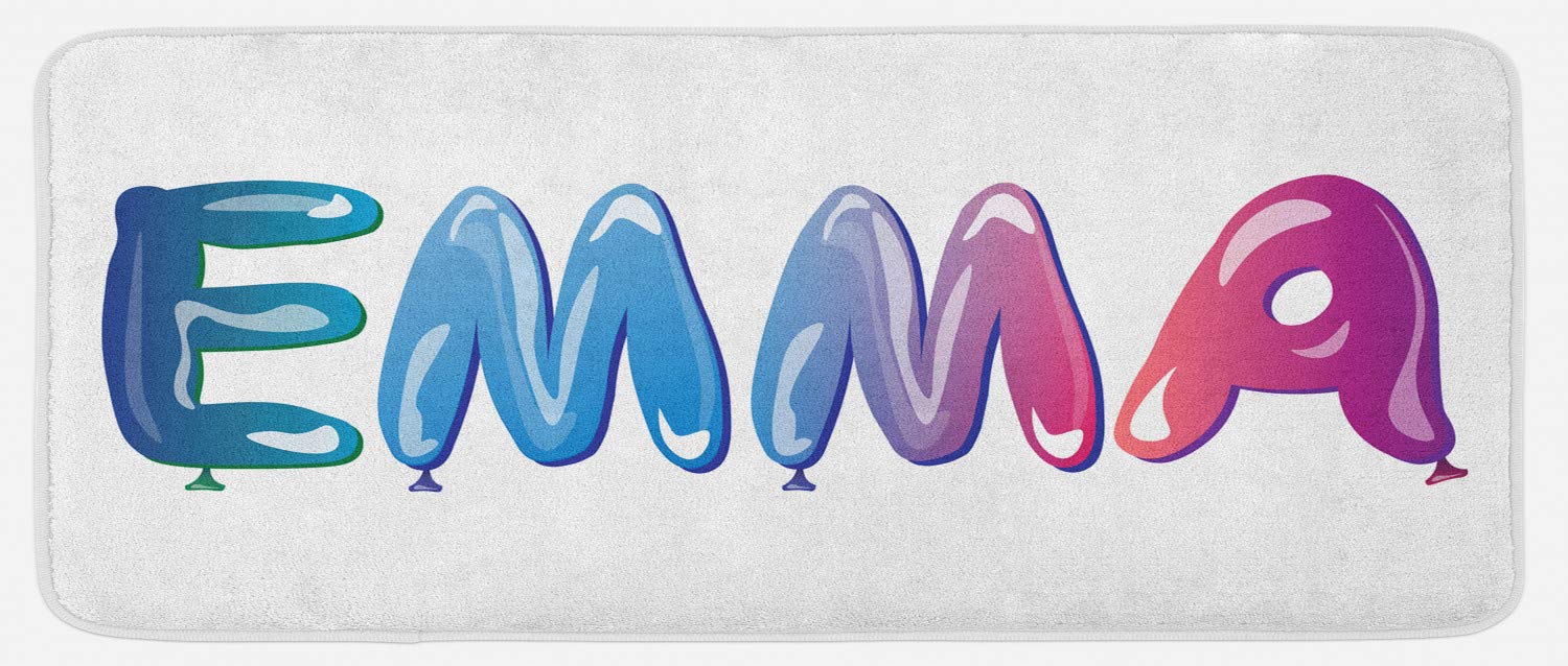 Ambesonne Emma Non-Slip Kitchen Mat - Feminine Girl Name Design with Ornate Balloons, Plush Decorative Rug for Floors, 47