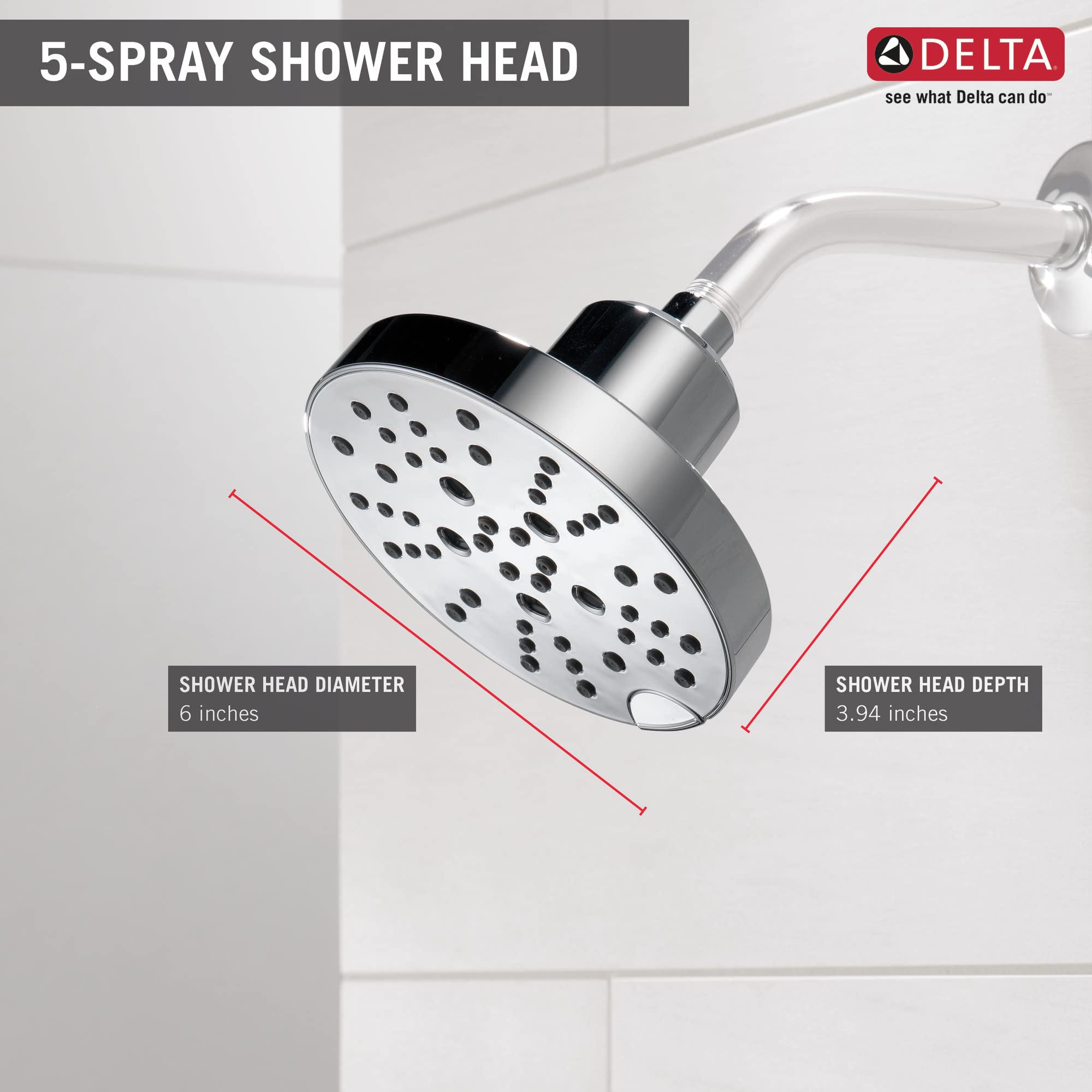 Delta Faucet 5-Spray Shower Head with H2Okinetic Technology - Chrome Raincan Shower Head, Round Water Saving Shower Head with Lumicoat Finish (Model 52668-PR, 1.75 GPM) - Perfect for Spa-Like Bathroom Experience & Water Conservation