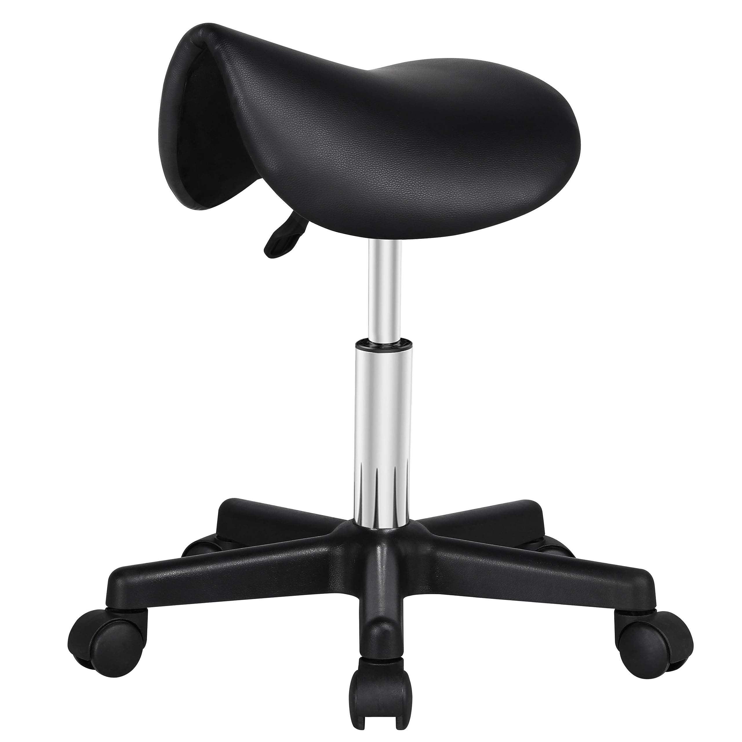 Yaheetech Adjustable Rolling Saddle Stool with Wheels - Swivel PU Leather Stool Chair for Hair Salon, Tattoo, Massage & Lash Technician - Ergonomic Stylist Chair for Beauty Professionals & Home Office Use (Black)