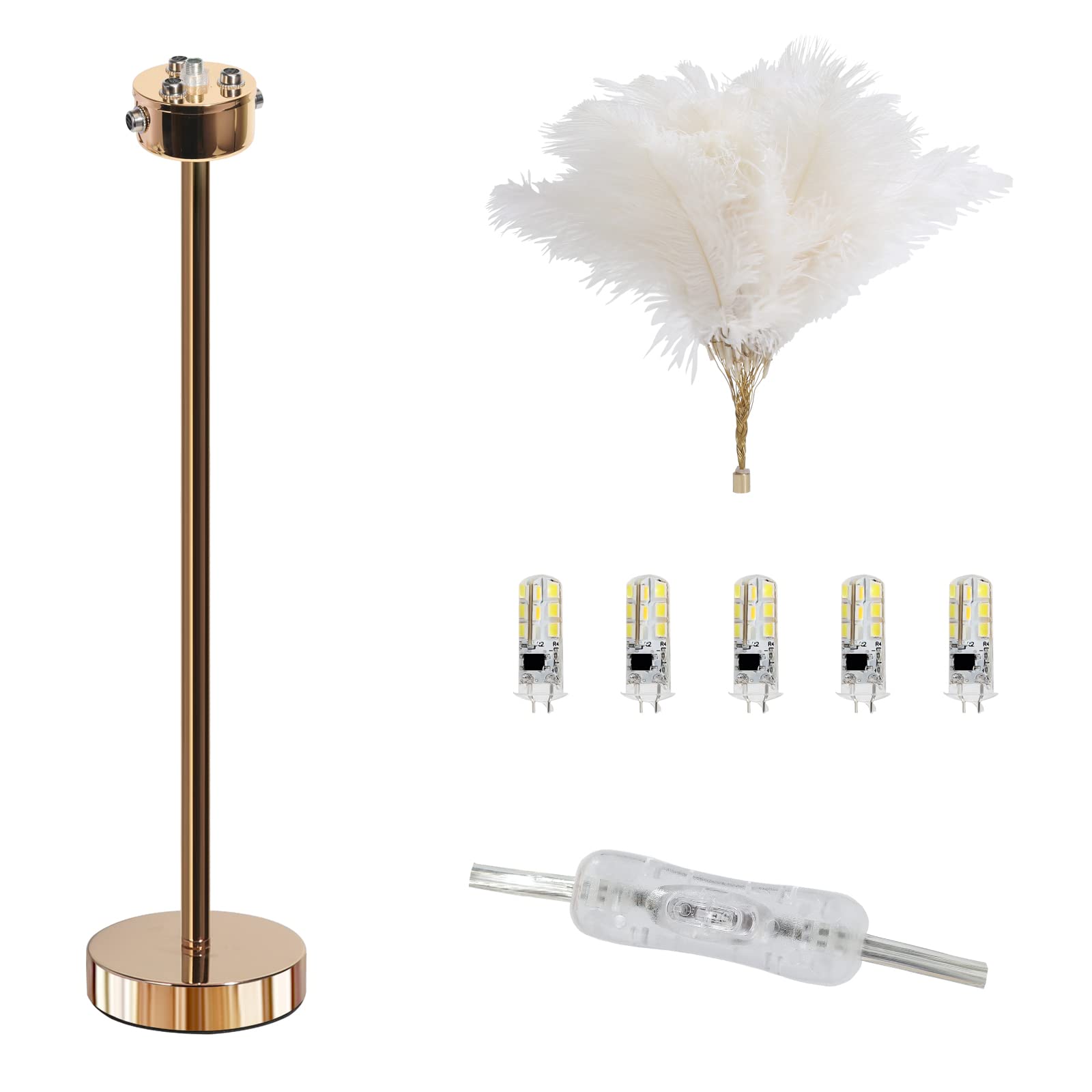 Modern 5-Light Ostrich Feather Table Lamp with Plug-in Wire - Golden Bedside Nightstand Lamp for Bedroom, Office Desk & Nursery Night Light (White) | Perfect for Cozy Reading Nook, Romantic Bedroom Ambience & Home Decor Lighting