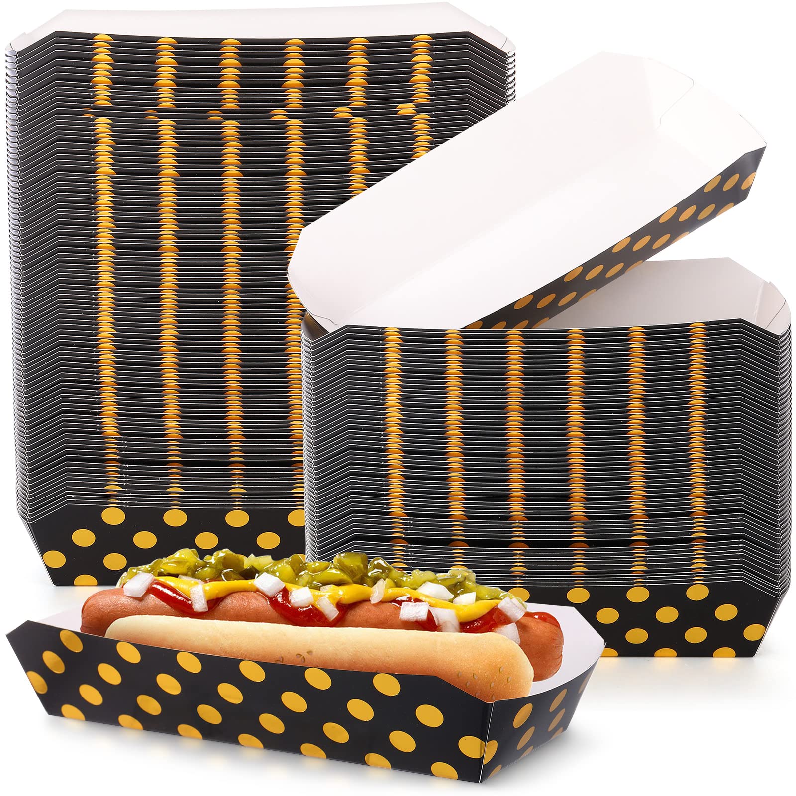 Colarr 150-Pack 2 lb Gold Dot Disposable Hot Dog Trays - 7 Inch Black Oil-Resistant Fast Food Paper Boats & Cardboard Baskets for Parties, Picnics, BBQs, and Outdoor Events