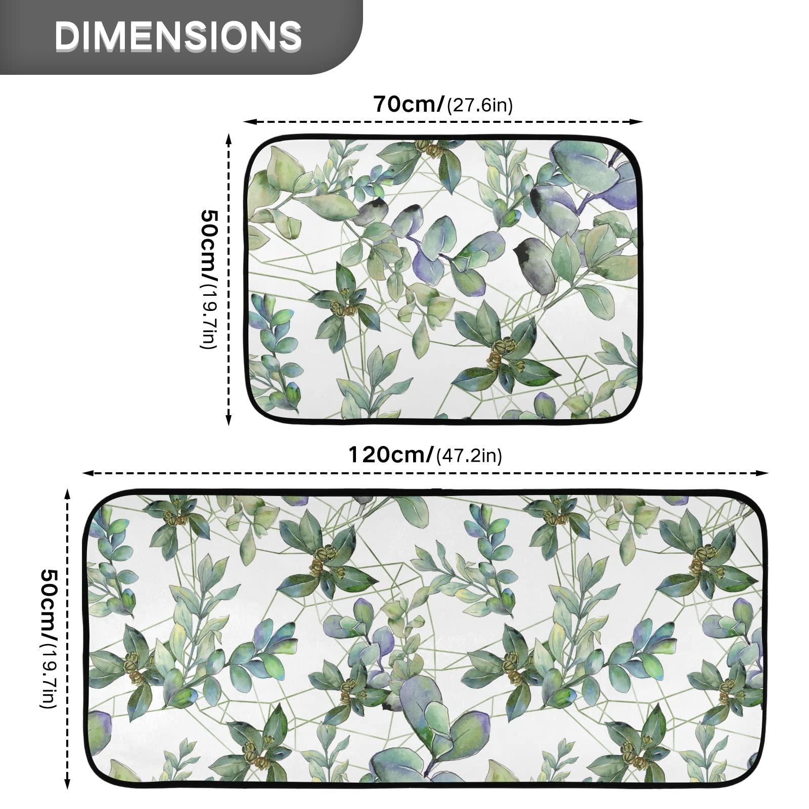 Premium Green Kitchen Rugs Set of 2 - Non-Slip Eucalyptus Leaf Design Anti-Fatigue Mats (20