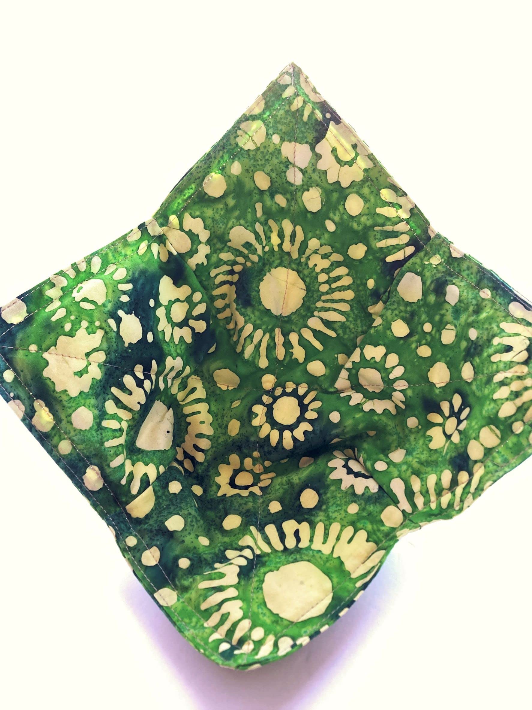 Set of 2 Batik Print Cotton Bowl Cozies - Microwave & Oven Safe Hot Pads for 8 Inch Bowls - Green with Pale Yellow - Perfect for Serving Hot Soups, Stews, and Desserts