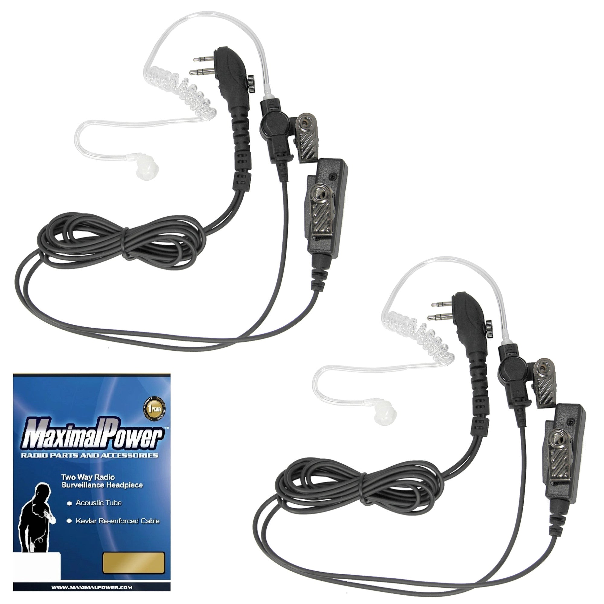 MaximalPower™ PTT Mic Earbud Headset for Hytera PD502 PD550 PD562 TD562 Radios - 2 Pin Kevlar-Reinforced Screw Plug (Combo Pack) - Perfect for Security, Construction & Emergency Communication