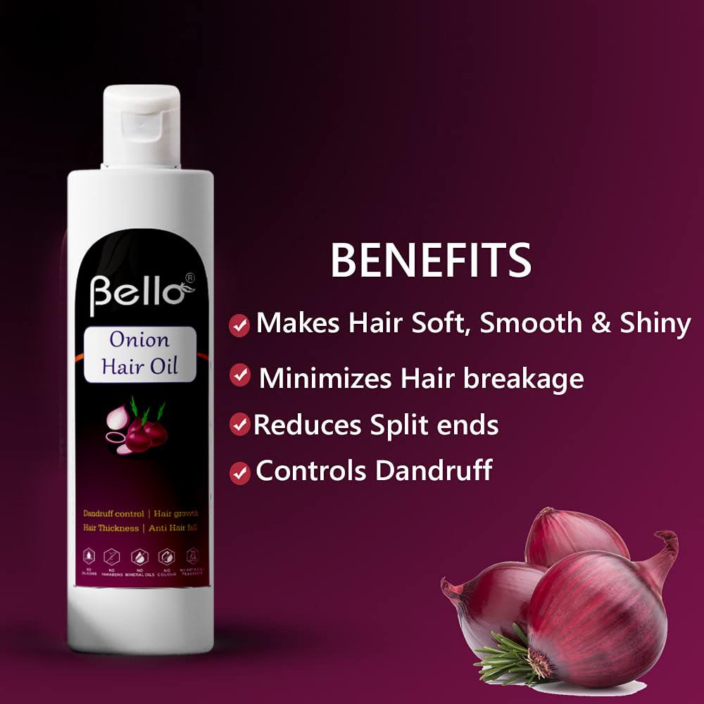 Bello Onion Hair Oil for Hair Growth - Reduces Hair Fall & Controls Dandruff - 200ml Bottle - Promotes Strong & Healthy Hair - Perfect for Daily Hair Care & Scalp Treatment