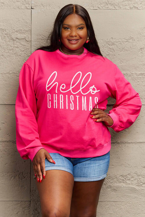 Simply Love Full Size HELLO CHRISTMAS Long Sleeve Sweatshirt - Cozy Holiday Pullover for Women, Festive Christmas Sweater, Xmas Gift Idea for Family & Friends - Perfect for Holiday Parties, Family Gatherings & Winter Outfits