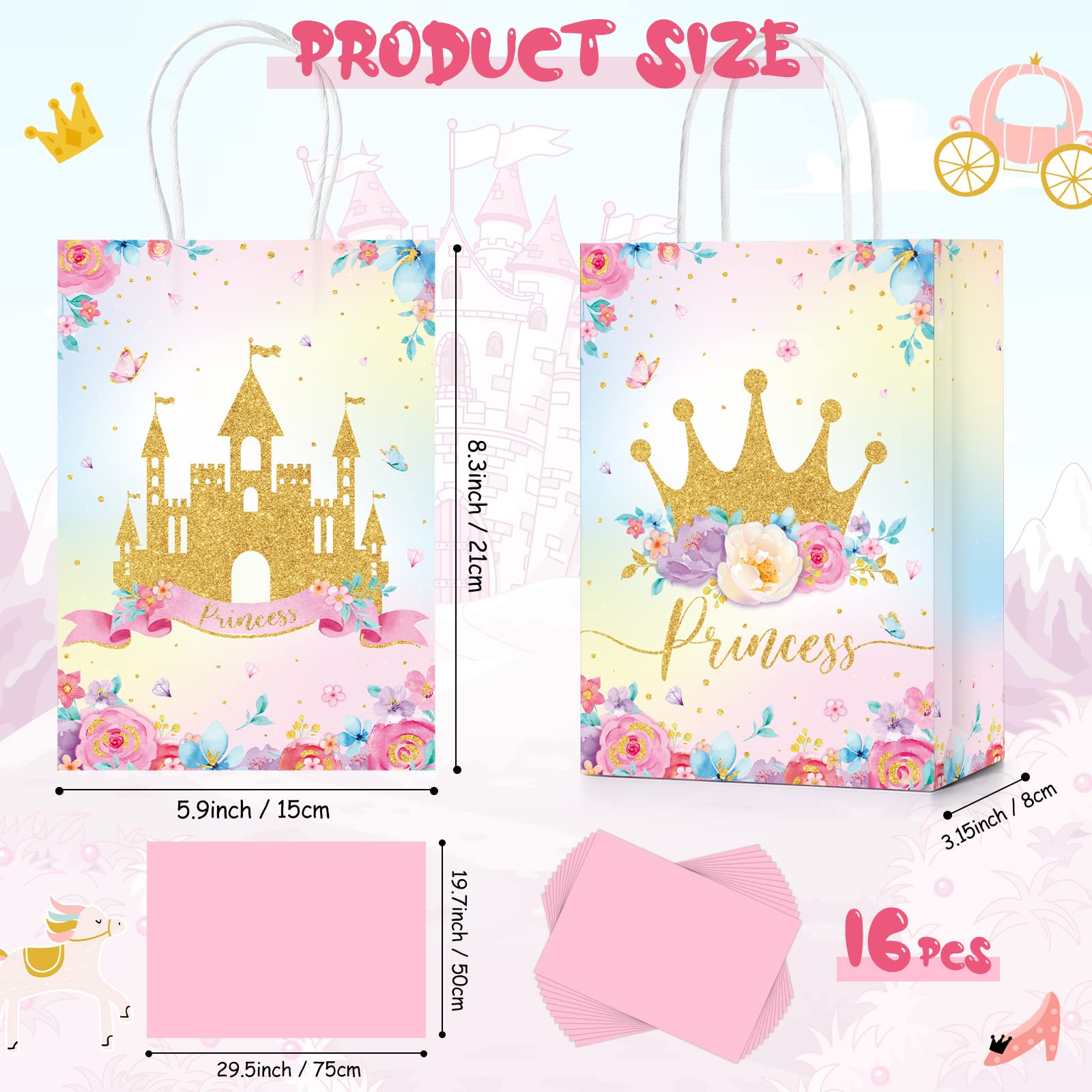 16 Pcs Princess & Prince Party Favor Bags - Elegant Goodie Gift Candy Bags for Birthday, Baby Shower & Royal Themed Parties - Perfect for Kids' Celebrations, Classroom Rewards & Wedding Favors