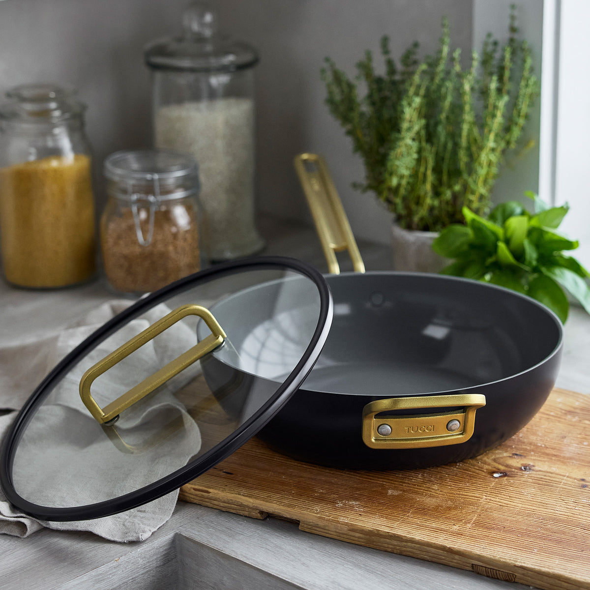 Stanley Tucci™ Ceramic Nonstick 4.5 Quart Stanley Pan Jr. | Calabrian Fig Design | PFOA-Free Cookware for Healthy Cooking | Perfect for Sauteing, Frying & Serving Pasta | Induction Compatible