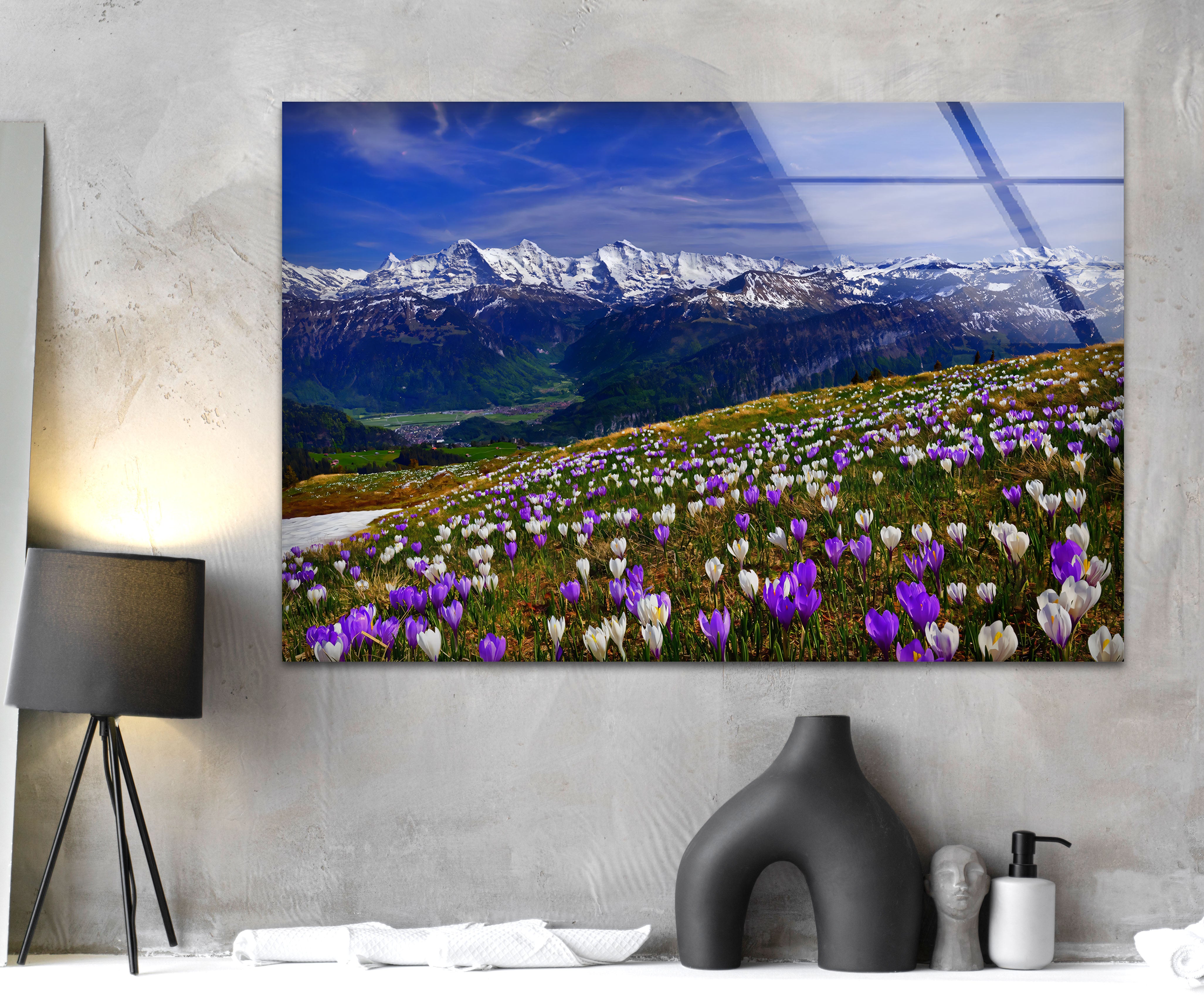 Alpine Meadow Glass Wall Art – Majestic Mountain & Blooming Wildflower Landscape Decor for Living Room, Bedroom & Office – Nature Inspired Home Décor