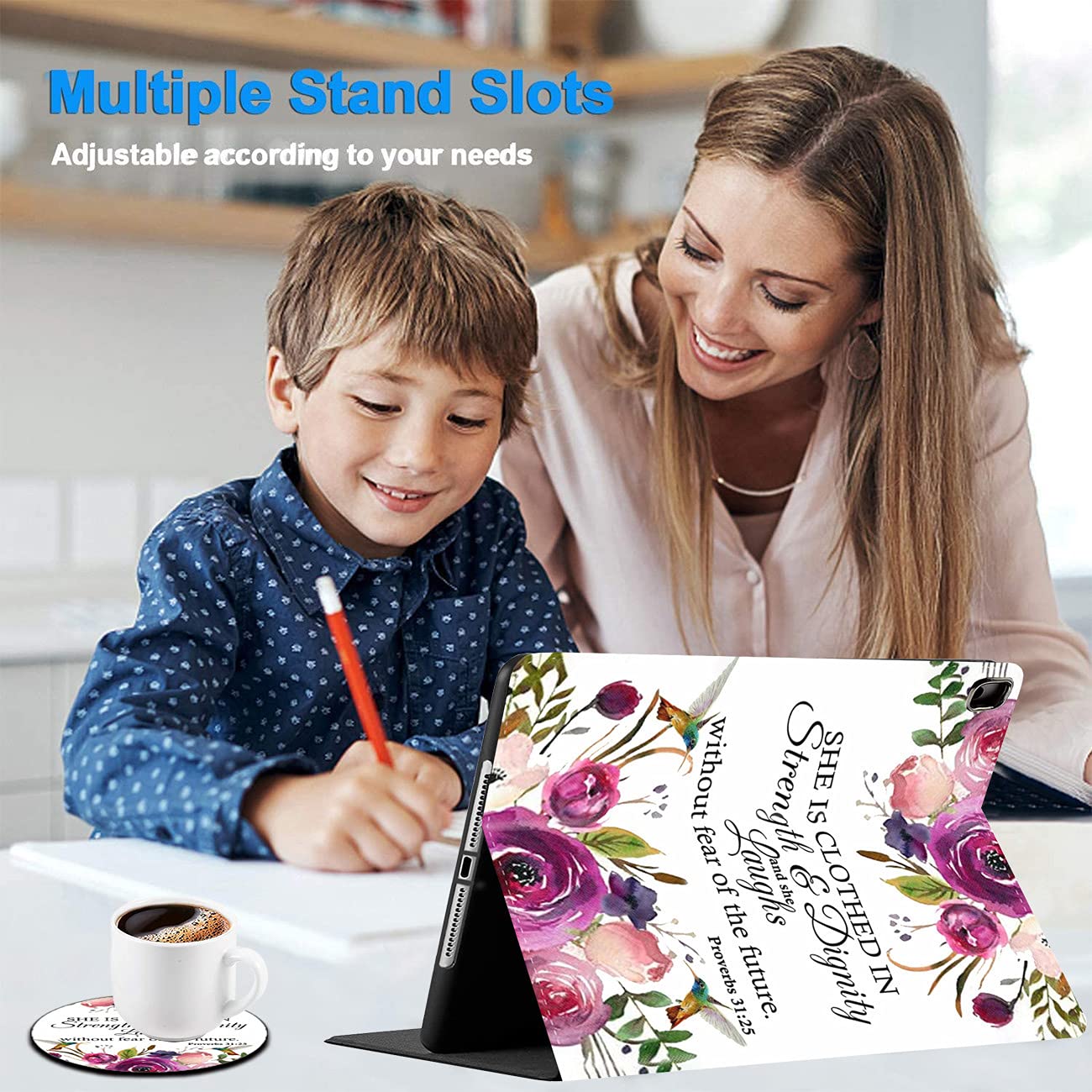 Premium iPad Case for 9.7 Inch Models (iPad 6th/5th Gen, Pro 9.7, Air 2 & Air) with Christian Bible Verse Design - Proverbs 31:25 Hummingbird & Watercolor Flowers in Pink & Purple - Perfect for Work, Study & Church