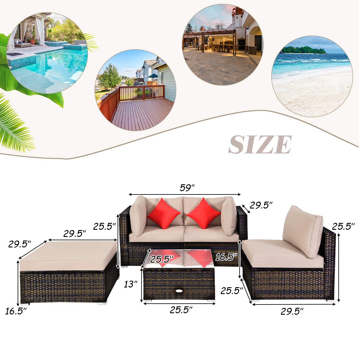 **HAPPYGRILL 5-Piece Patio Conversation Set - Outdoor Rattan Wicker Furniture with Sectional Sofa, Ottoman, Coffee Table, Cushions & Pillows - Perfect for Garden, Lawn, Balcony, Backyard & Poolside Relaxation**